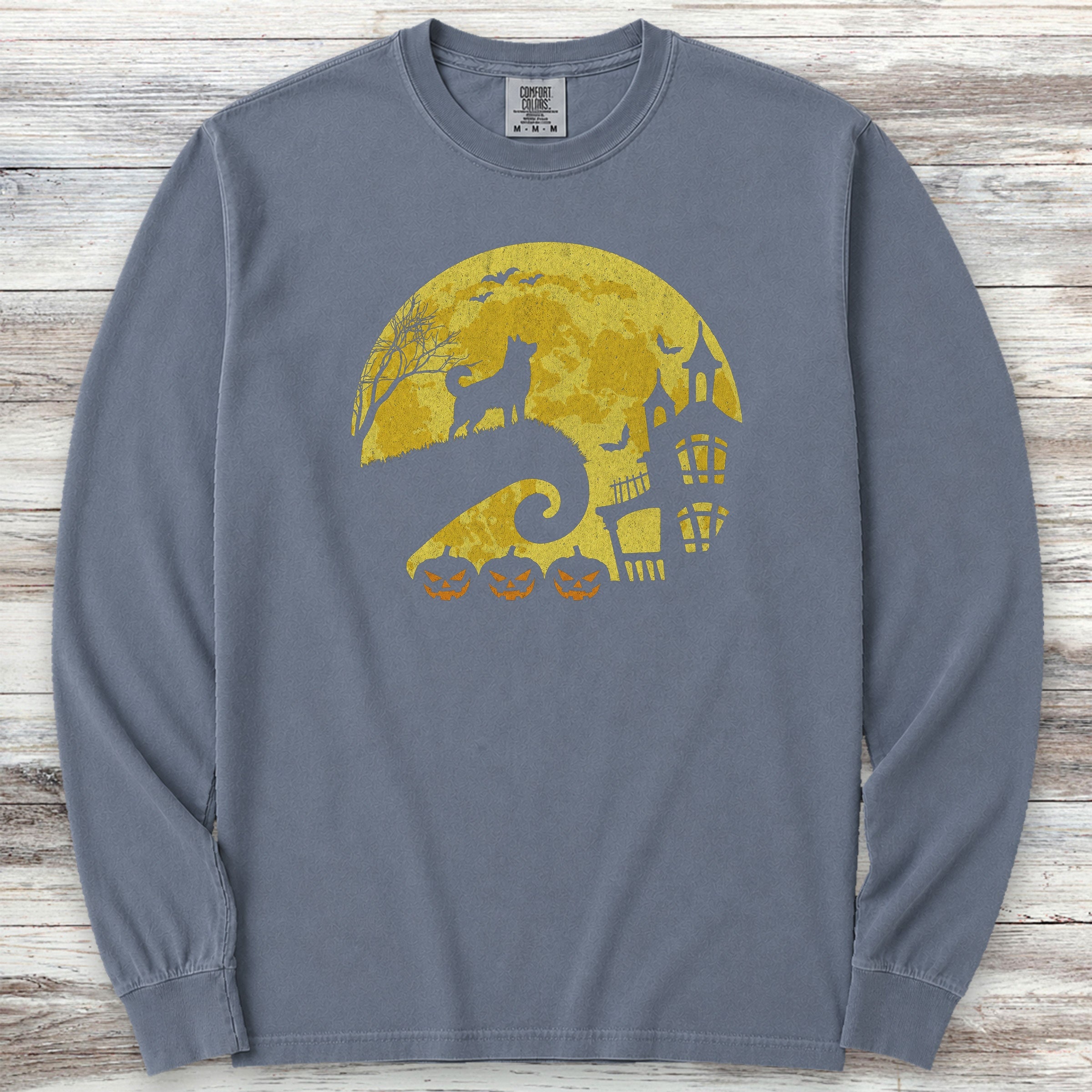 Husky Halloween Moon Long Sleeve Tee - Blue Jean