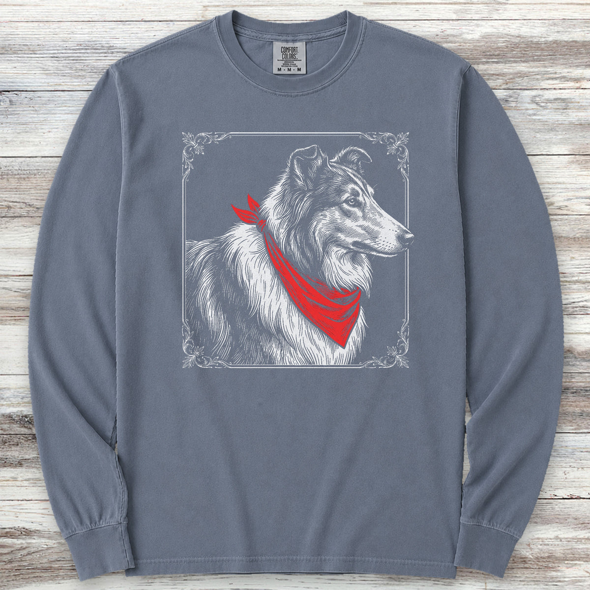Rough Collie Etching Long Sleeve Tee - Blue Jean