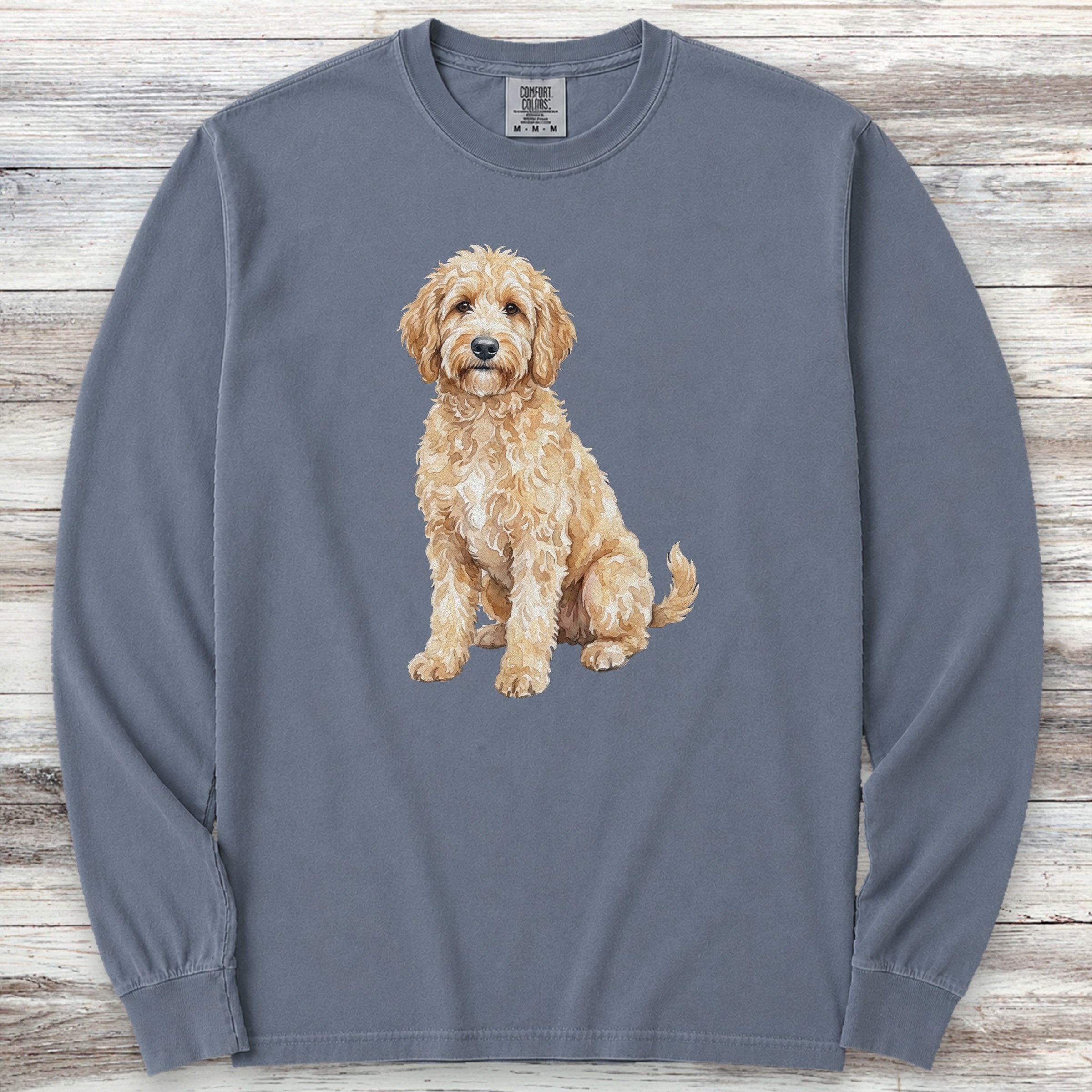 Goldendoodle Watercolor Long Sleeve Tee - Blue Jean