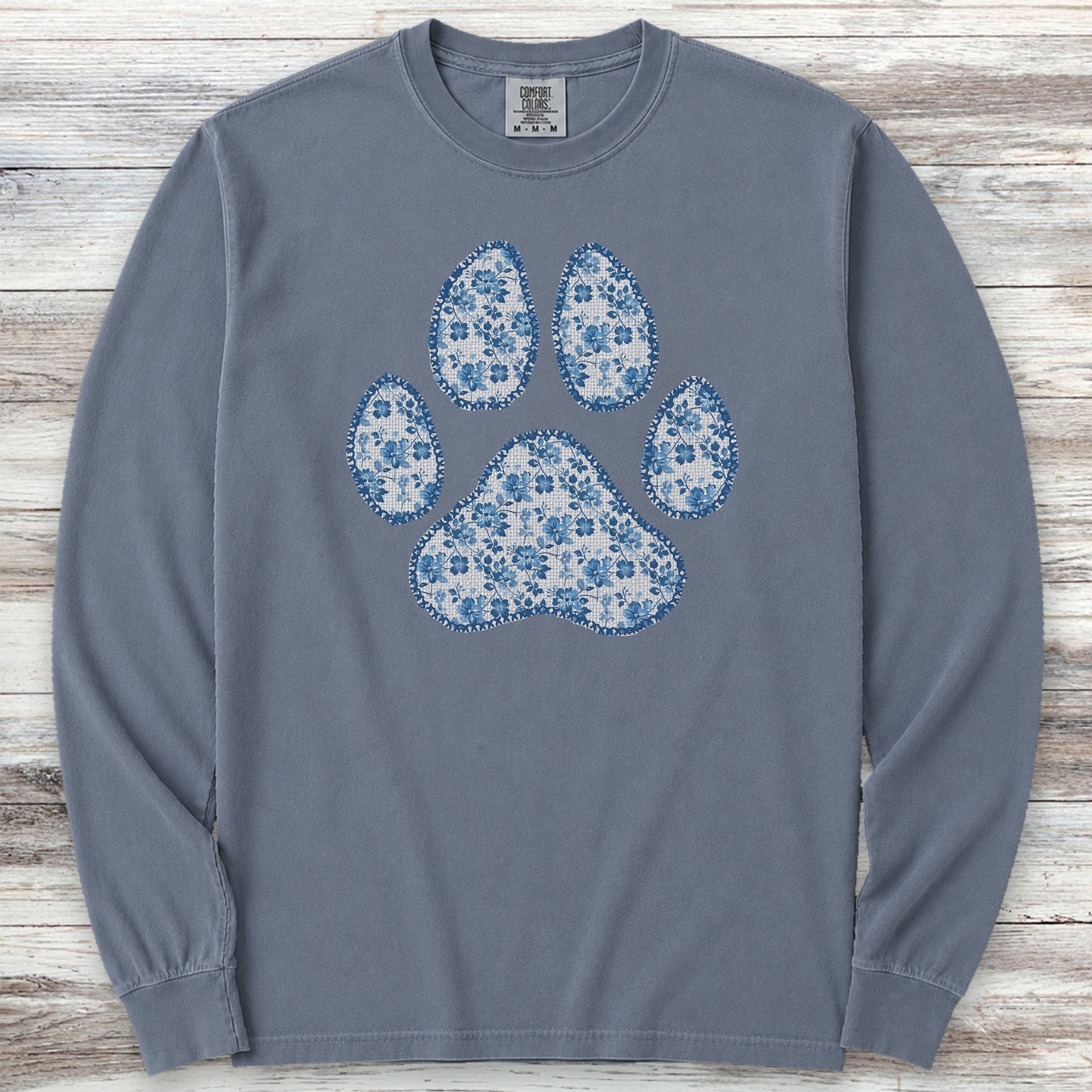 Blue Floral Paw Print Long Sleeve Tee - Blue Jean