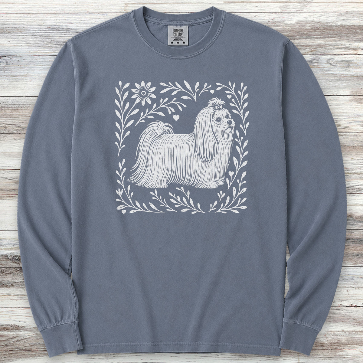 Maltese Linocut Long Sleeve Tee - Blue Jean