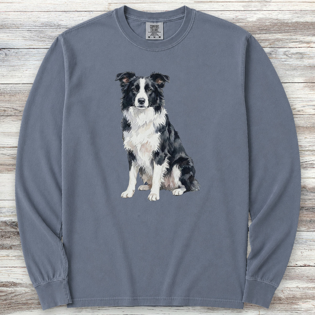 Border Collie Watercolor Long Sleeve Tee - Blue Jean
