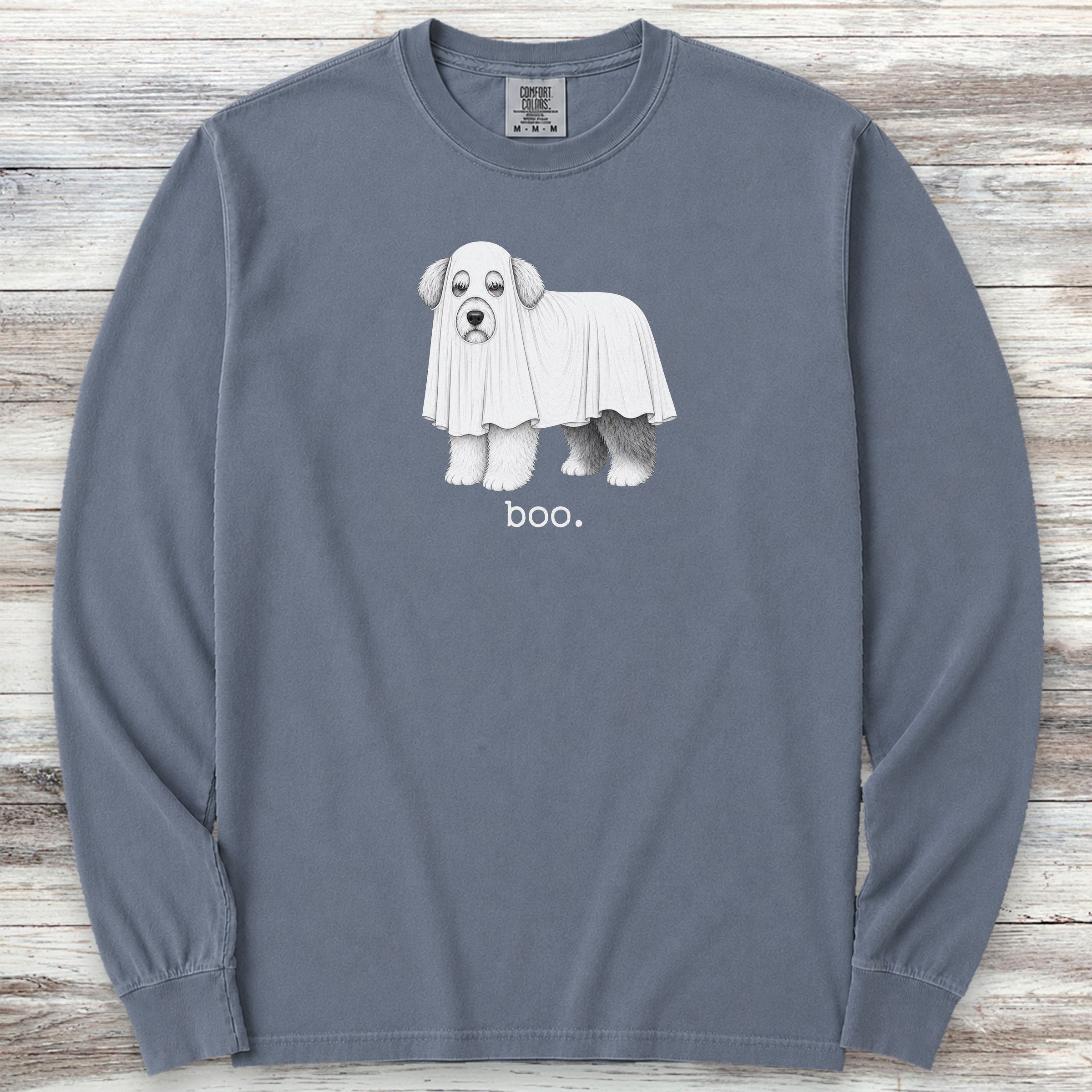 Old English Sheepdog Boo Long Sleeve Tee - Blue Jean