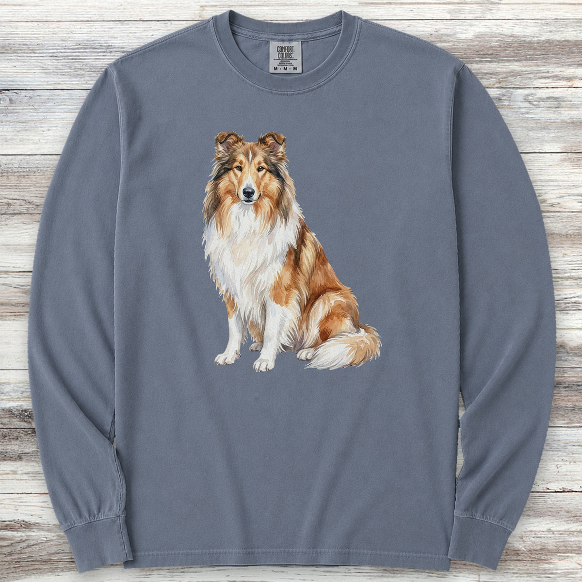 Rough Collie Watercolor Long Sleeve Tee - Blue Jean