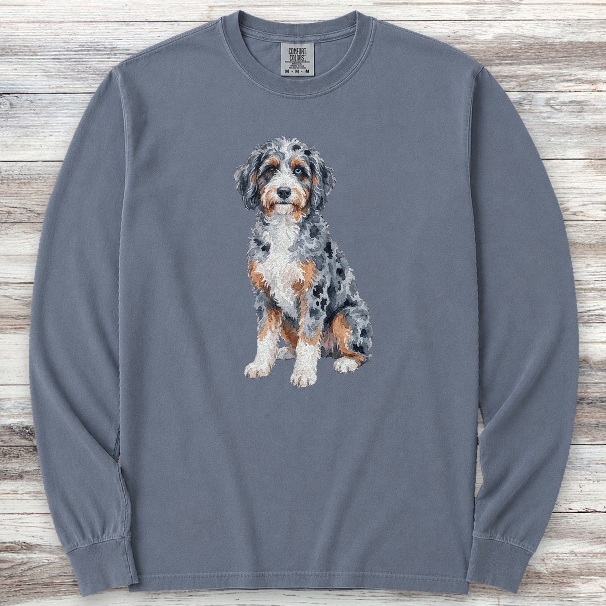 Aussiedoodle Watercolor Long Sleeve Tee - Blue Jean