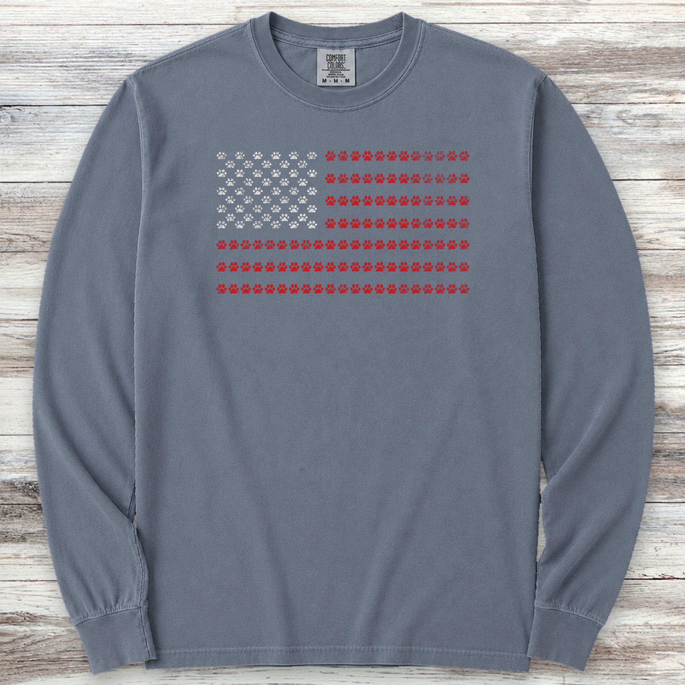 Vintage Red White & Paws Flag Long Sleeve Tee - Blue Jean