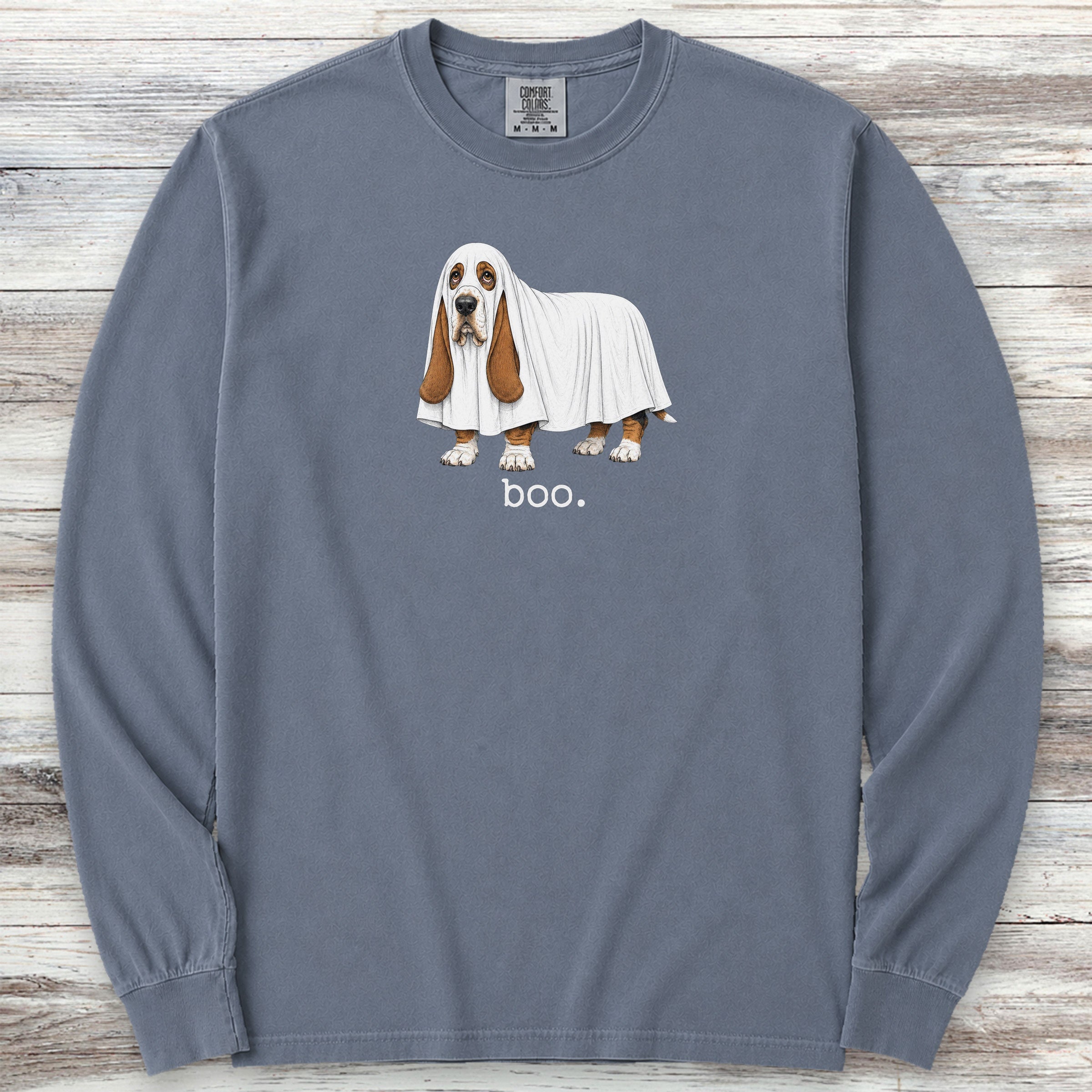 Basset Hound Boo Long Sleeve Tee - Blue Jean