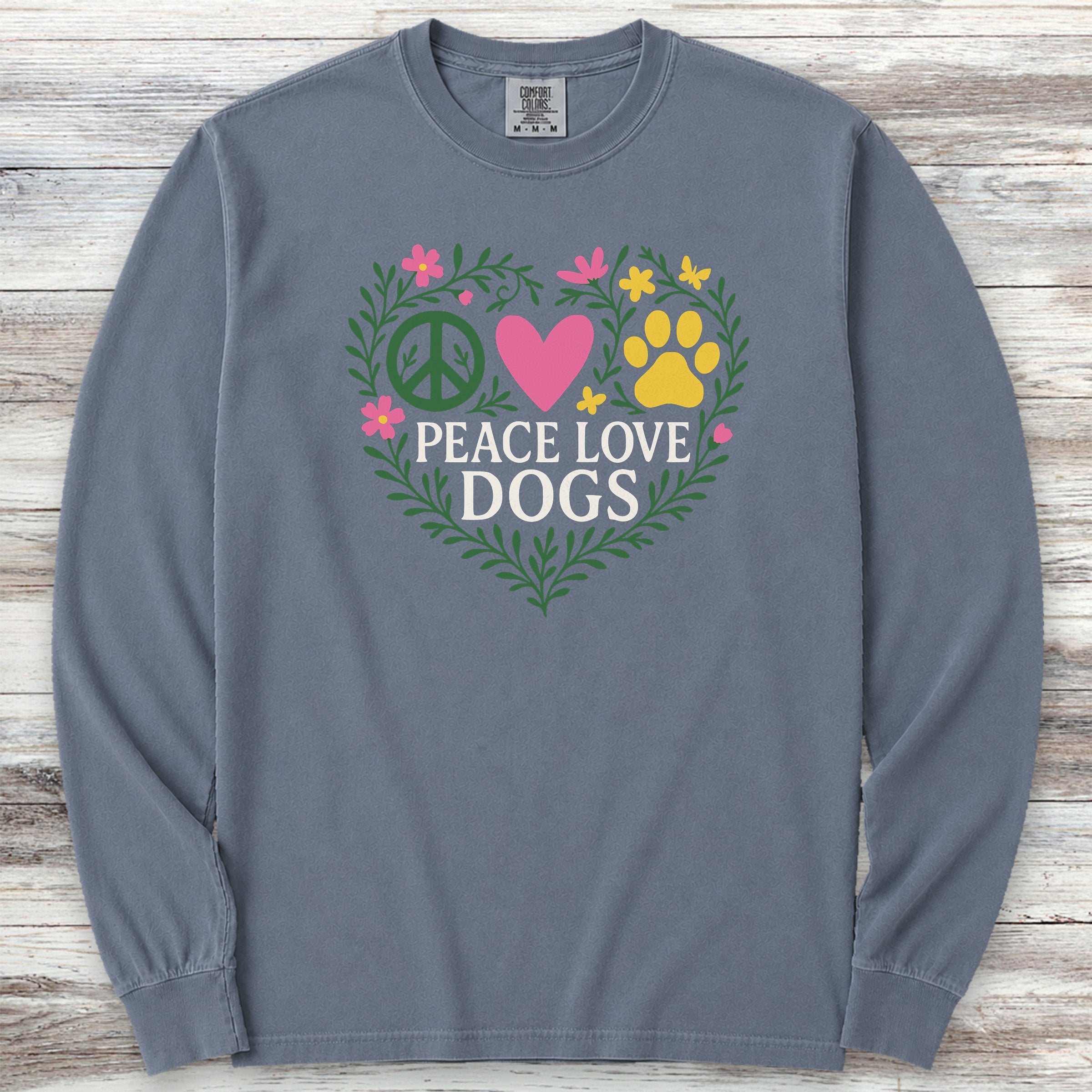 Peace Love Dogs Floral Long Sleeve Tee - Blue Jean