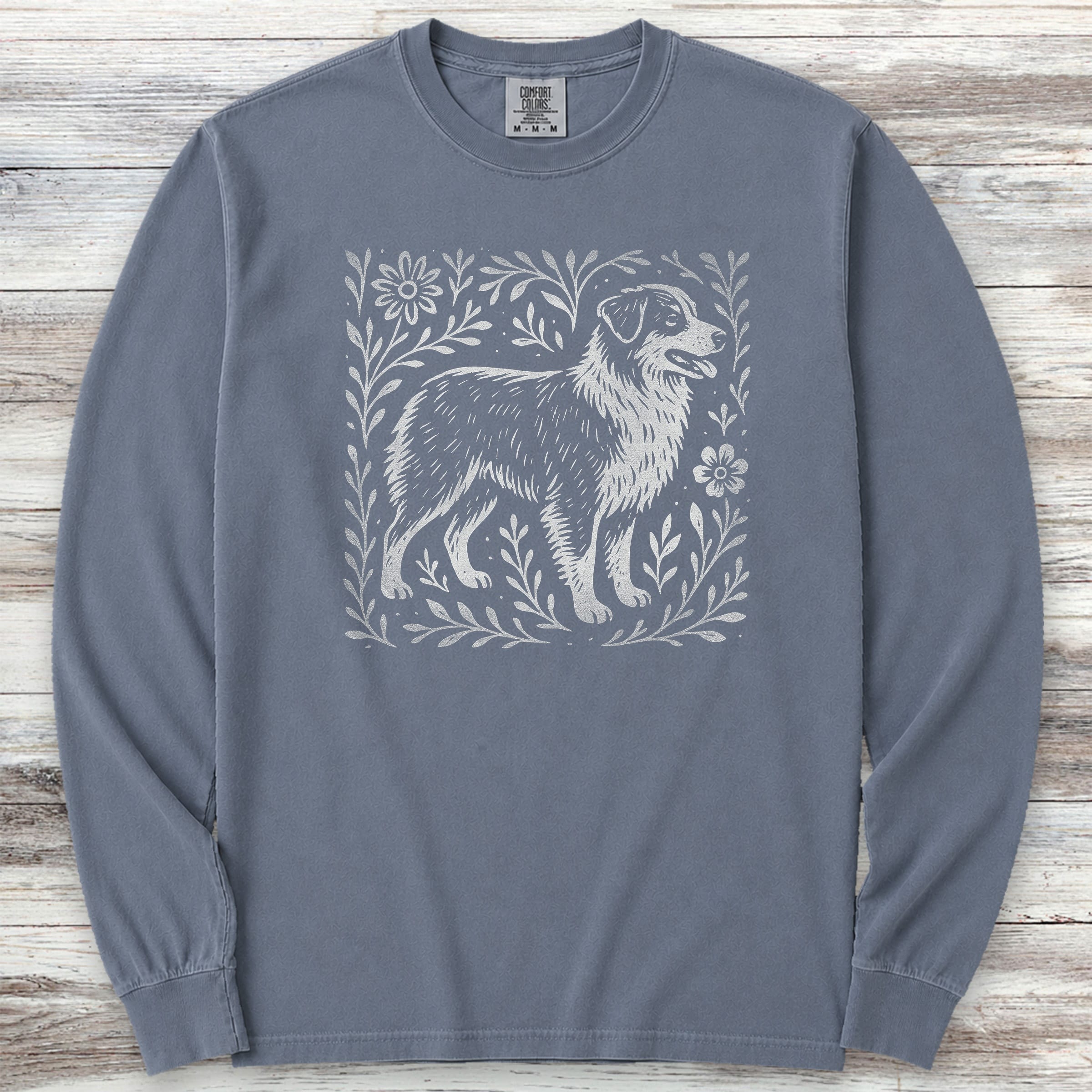 Australian Shepherd Linocut Long Sleeve Tee - Blue Jean