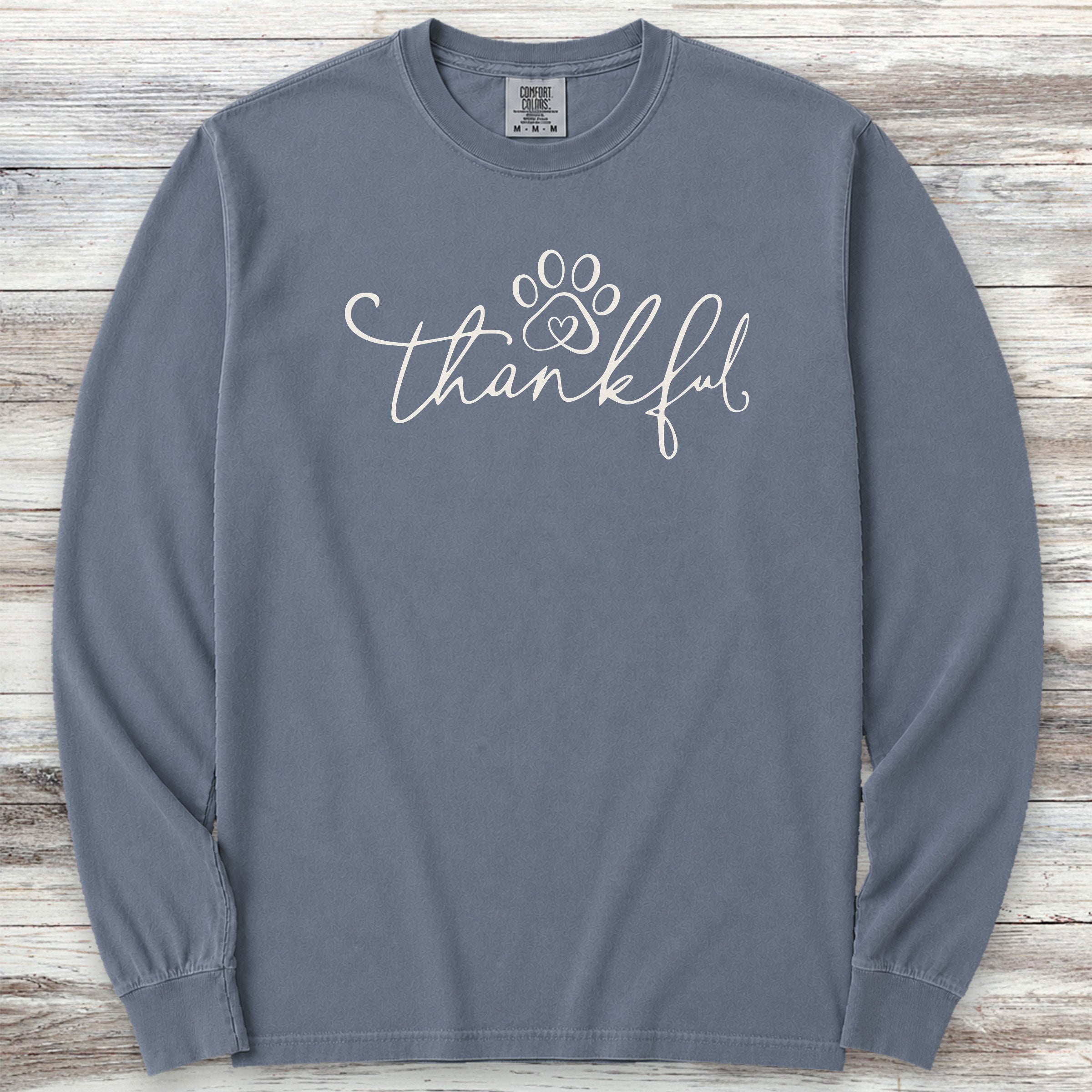 Thankful Pawprint Long Sleeve Tee - Blue Jean