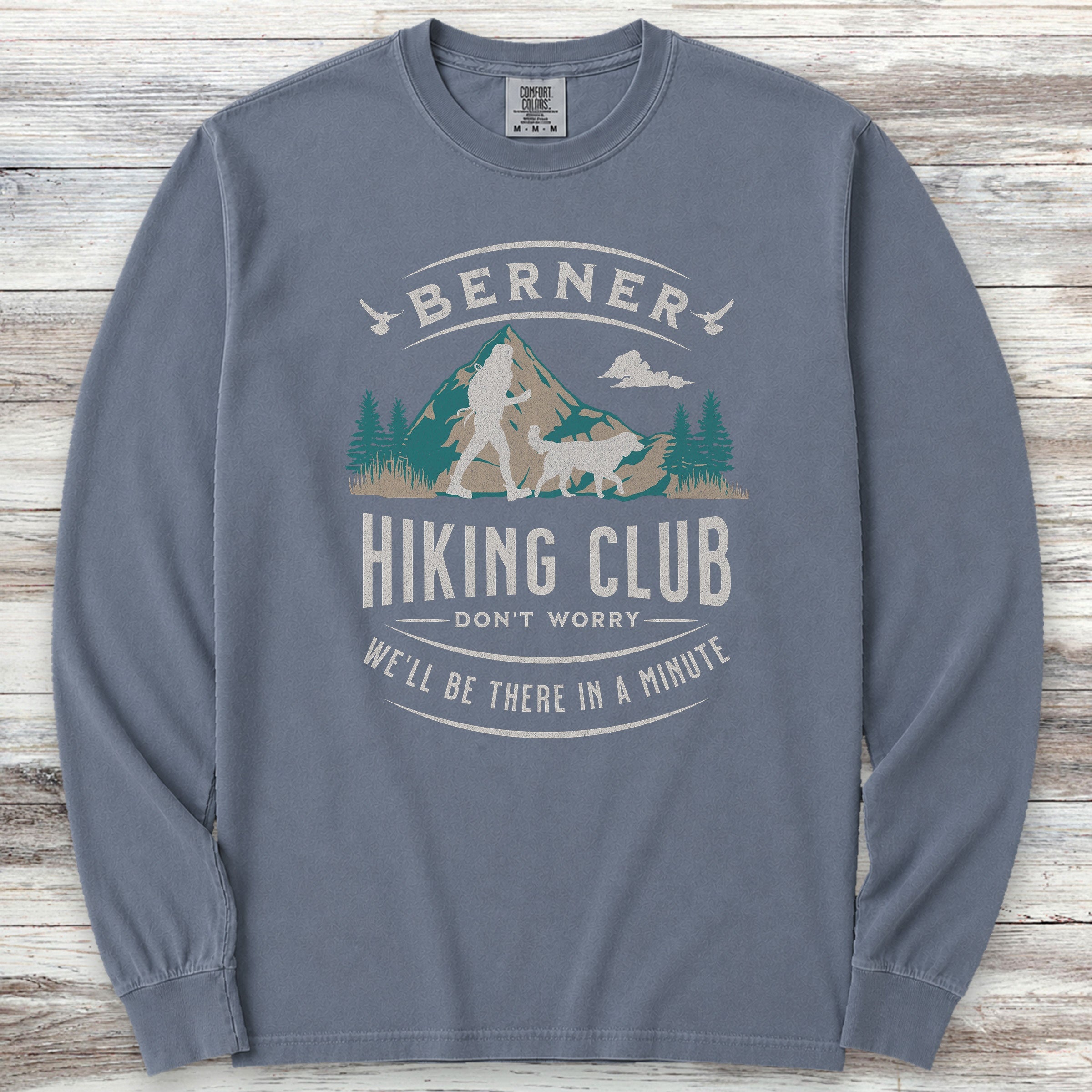 Bernese Mountain Dog Hiking Club Long Sleeve Tee - Blue Jean