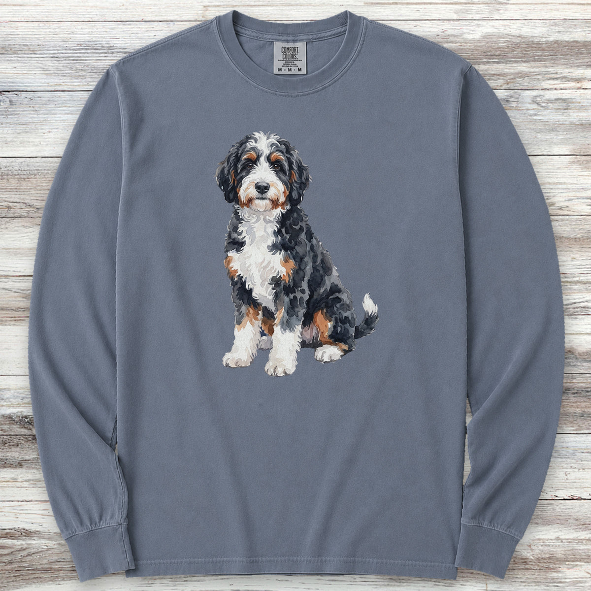 Bernedoodle Watercolor Long Sleeve Tee - Blue Jean