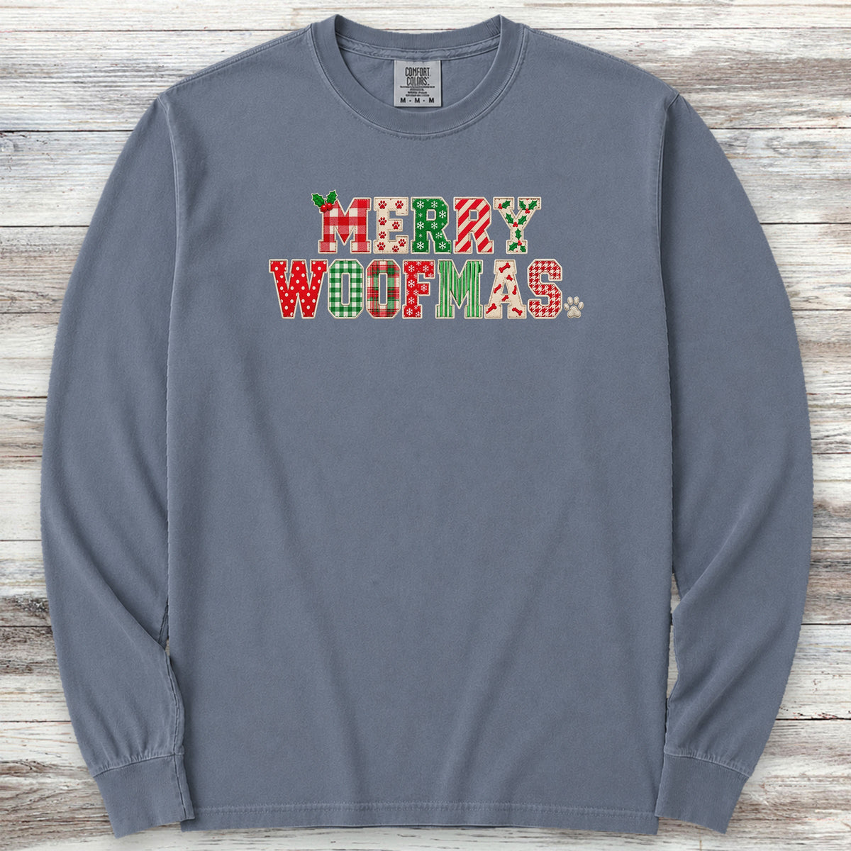 Merry Woofmas Faux Patchwork Long Sleeve Tee - Blue Jean