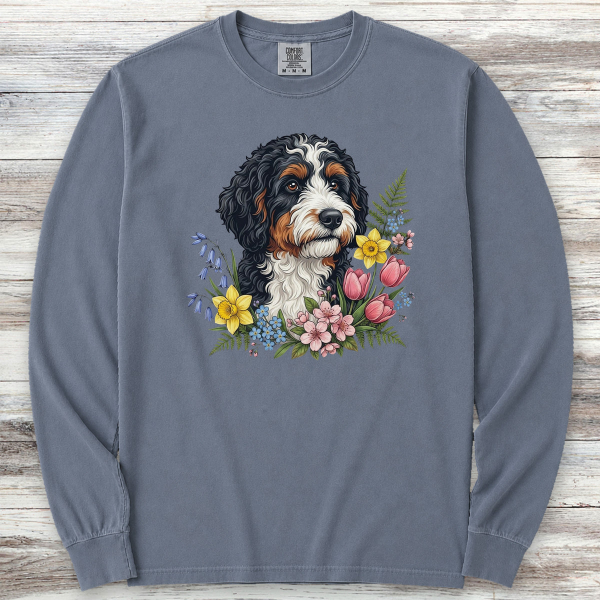 Bernedoodle Spring Portrait Long Sleeve Tee - Blue Jean