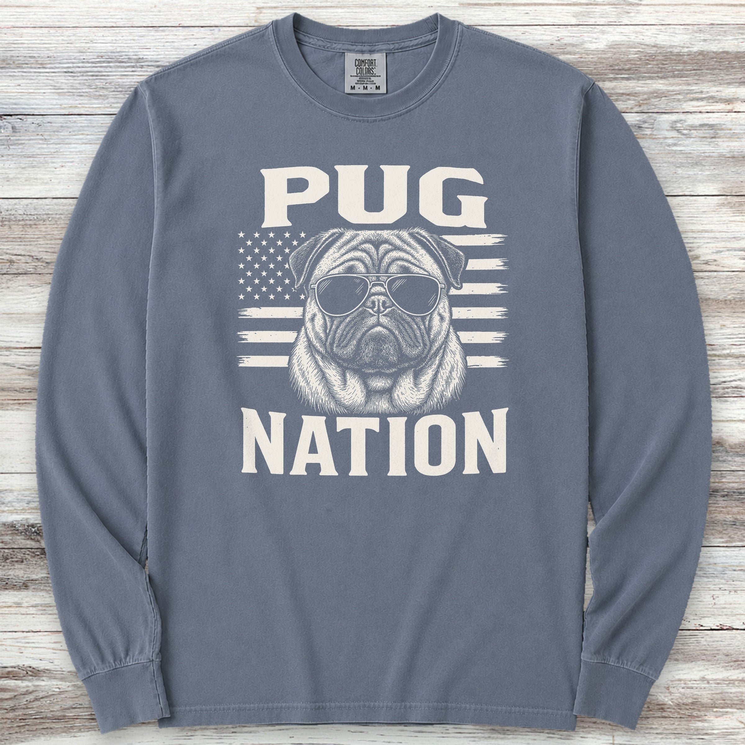 Pug Nation Long Sleeve Tee - Blue Jean