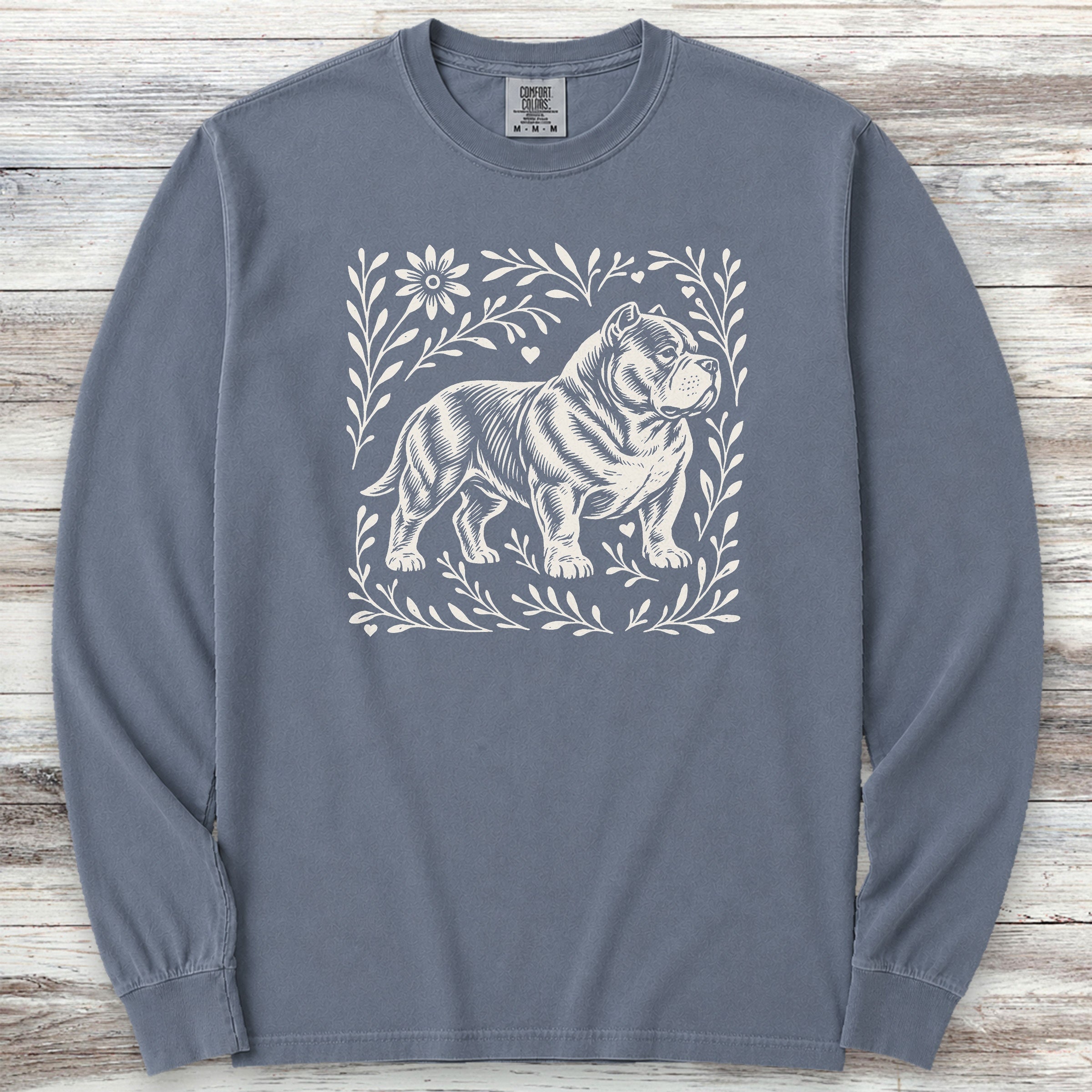 American Bully Linocut Long Sleeve Tee - Blue Jean