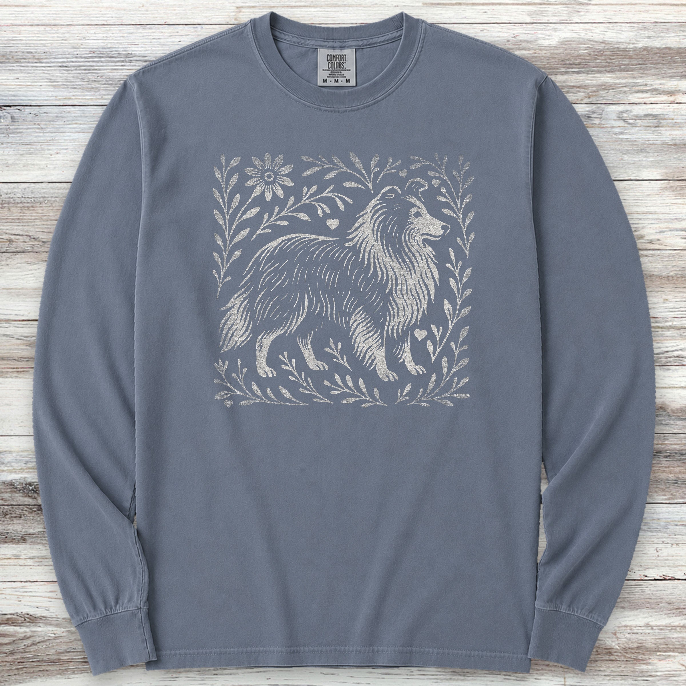 Shetland Sheepdog Linocut Long Sleeve Tee - Blue Jean