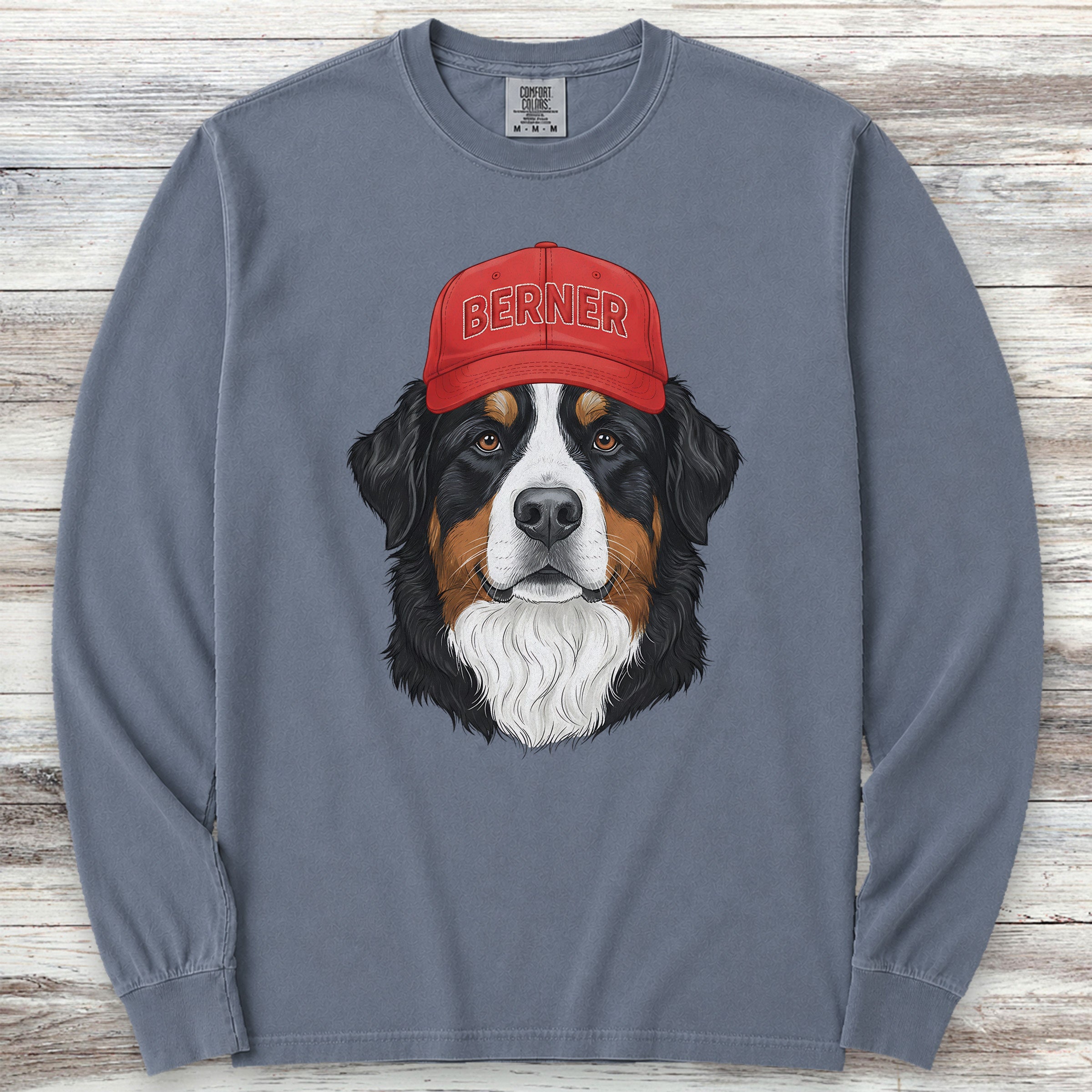 Bernese Mountain Dog Berner Hat Long Sleeve Tee - Blue Jean