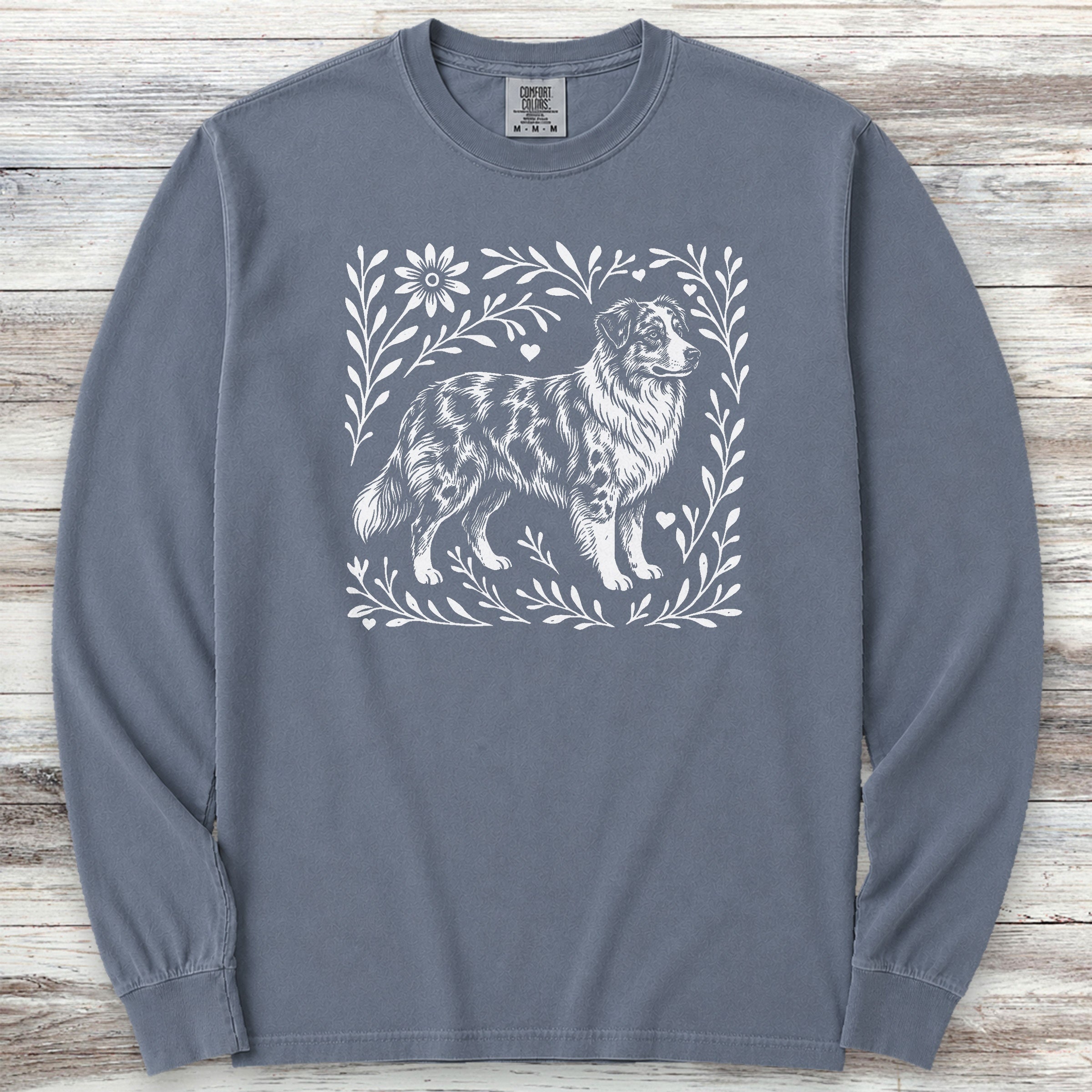 Australian Shepherd Merle Linocut Long Sleeve Tee - Blue Jean