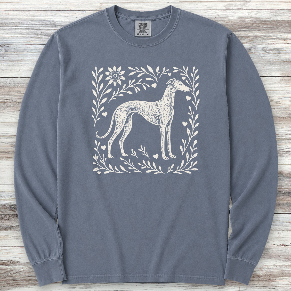 Greyhound Linocut Long Sleeve Tee - Blue Jean