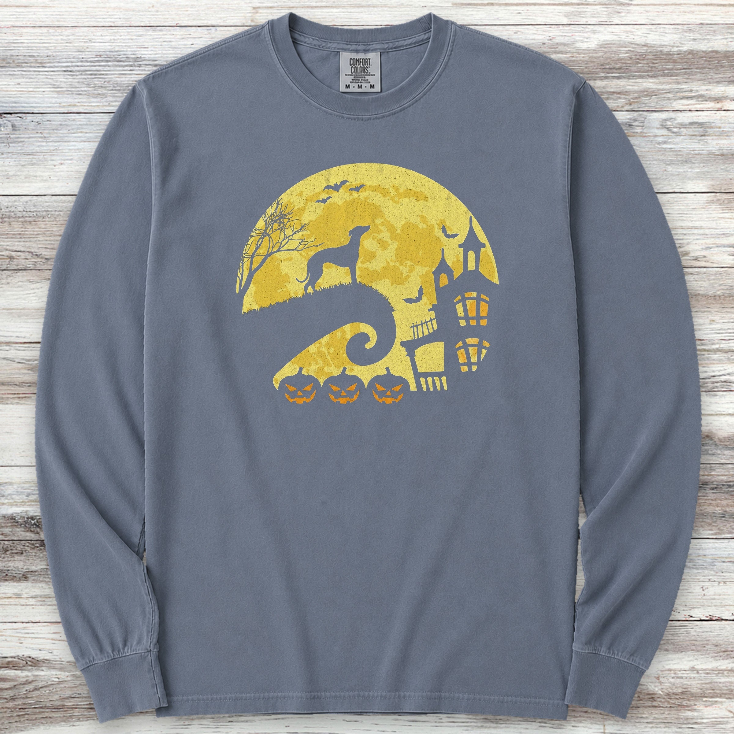 Whippet Halloween Moon Long Sleeve Tee - Blue Jean