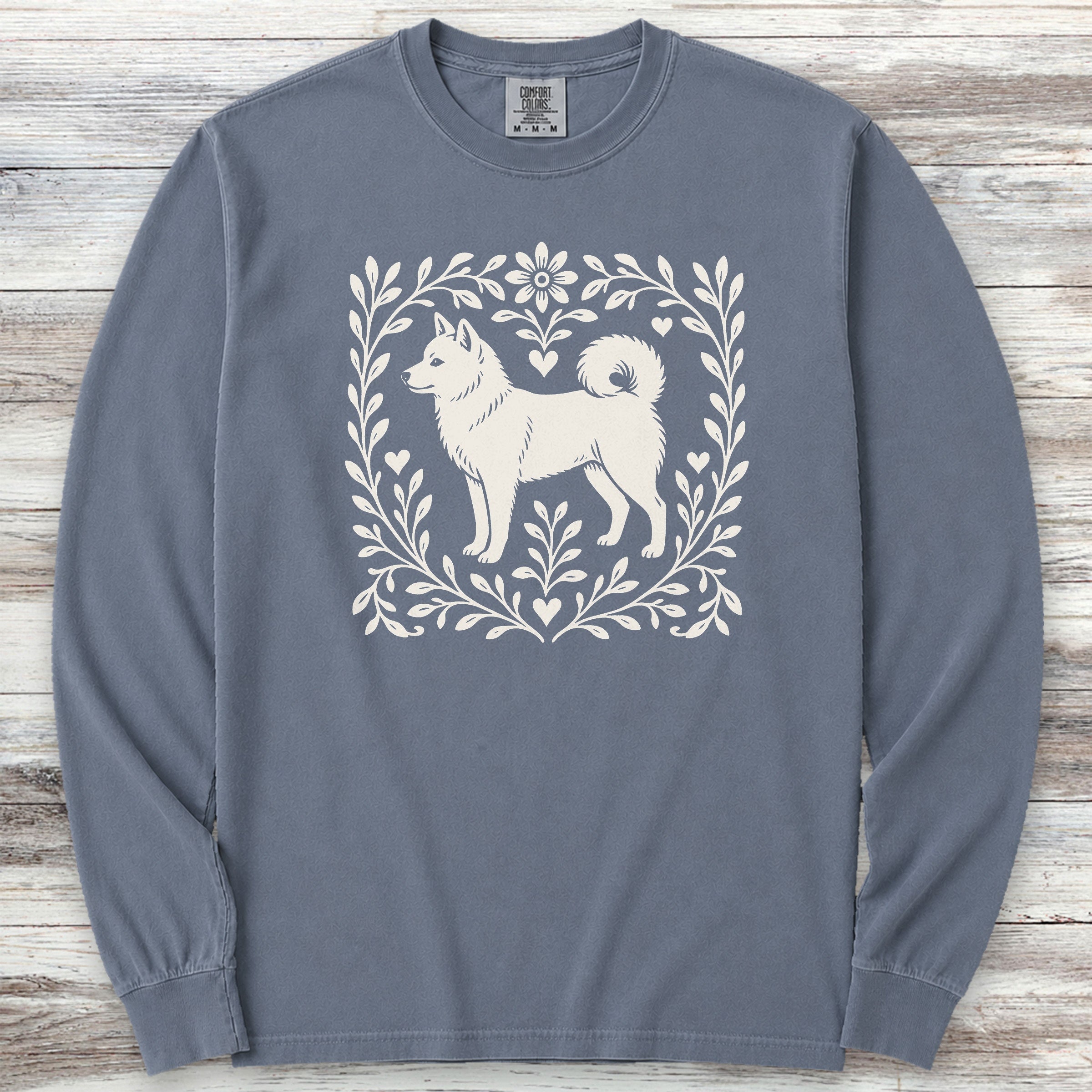 Shiba Inu Linocut Long Sleeve Tee - Blue Jean
