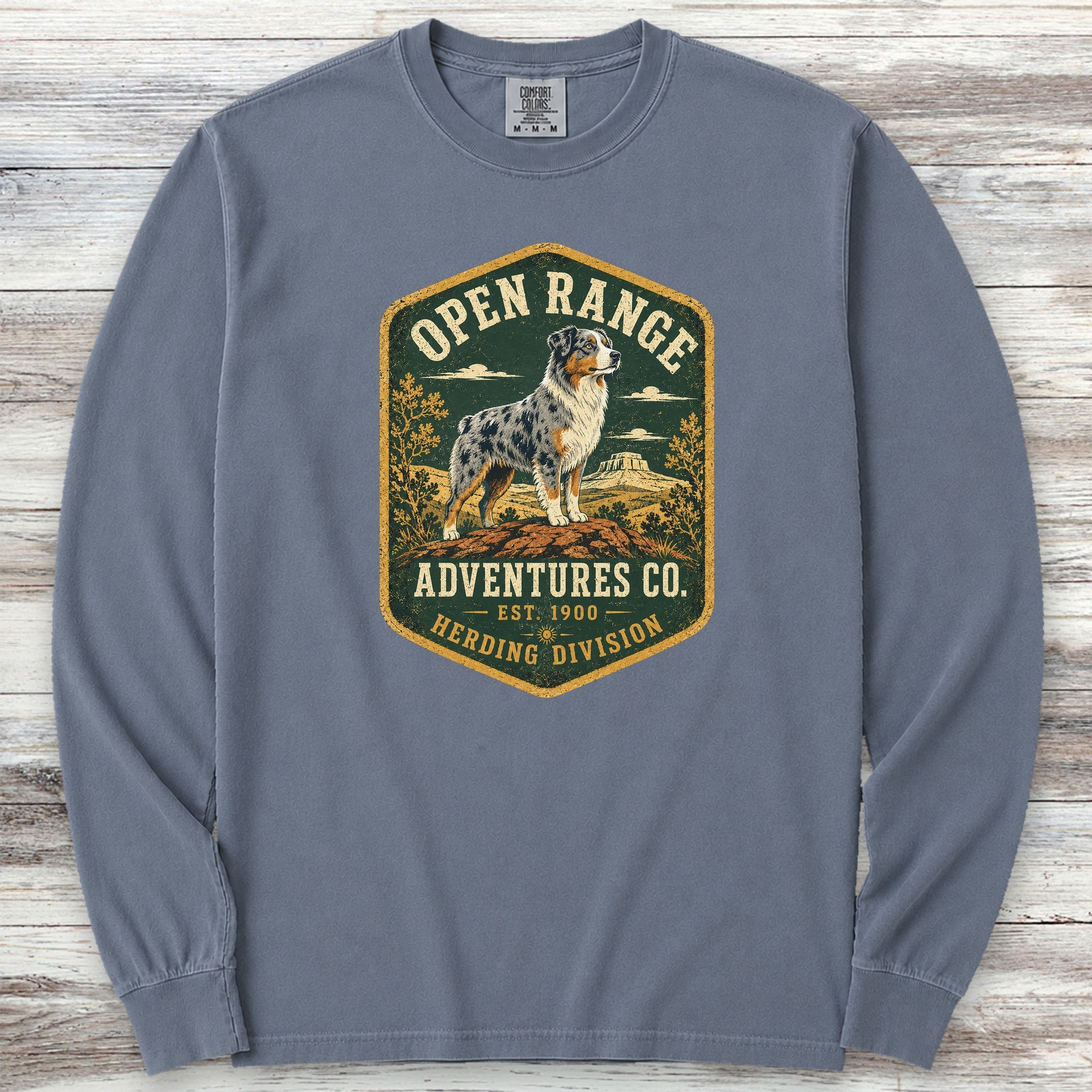 Australian Shepherd Adventures Long Sleeve Tee - Blue Jean