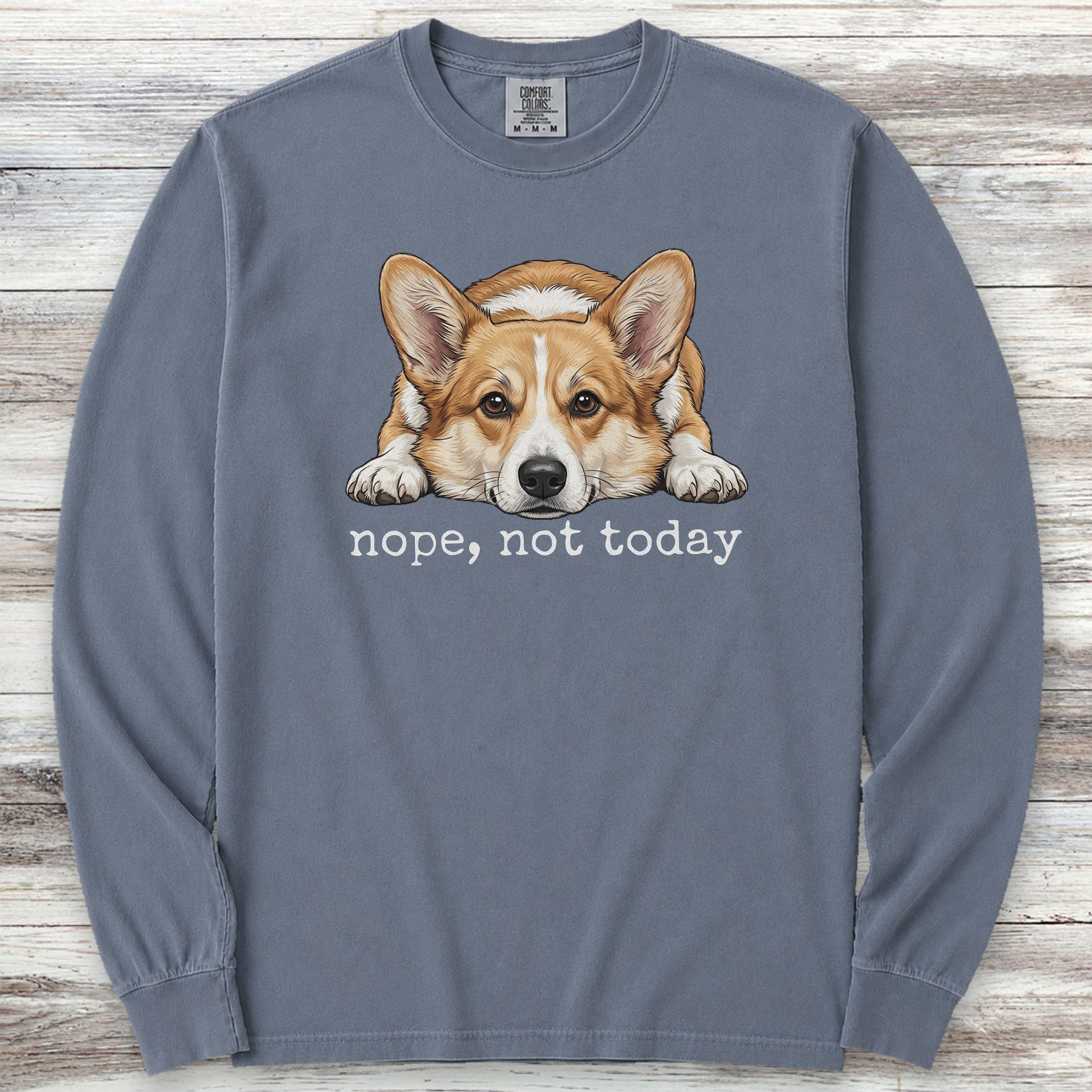 Corgi Nope Long Sleeve Tee - Blue Jean