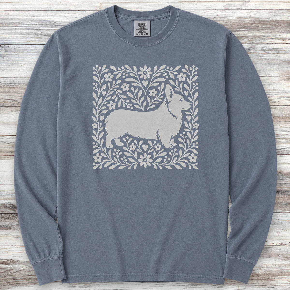 Corgi Linocut Long Sleeve Tee - Blue Jean