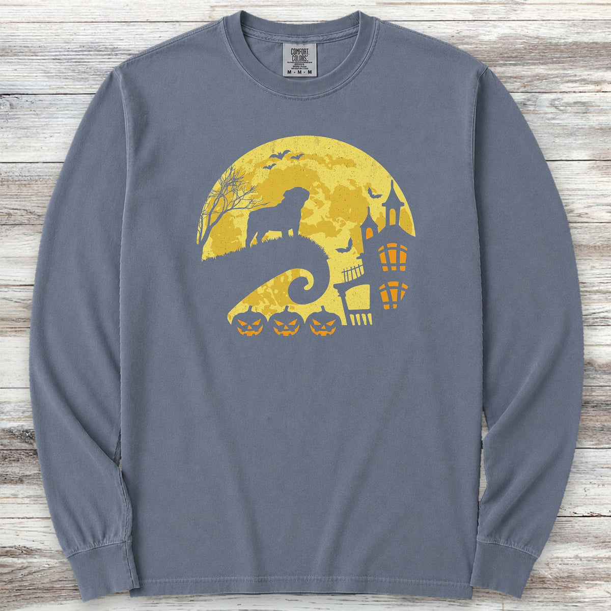 English Bulldog Halloween Moon Long Sleeve Tee - Blue Jean