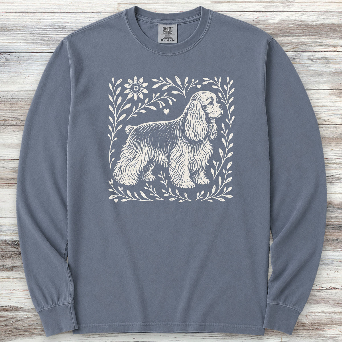 Cocker Spaniel Linocut Long Sleeve Tee - Blue Jean