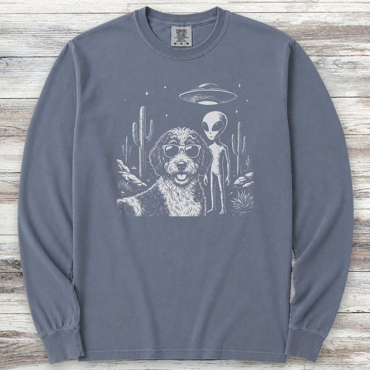 Bernedoodle Alien Selfie Long Sleeve Tee - Blue Jean