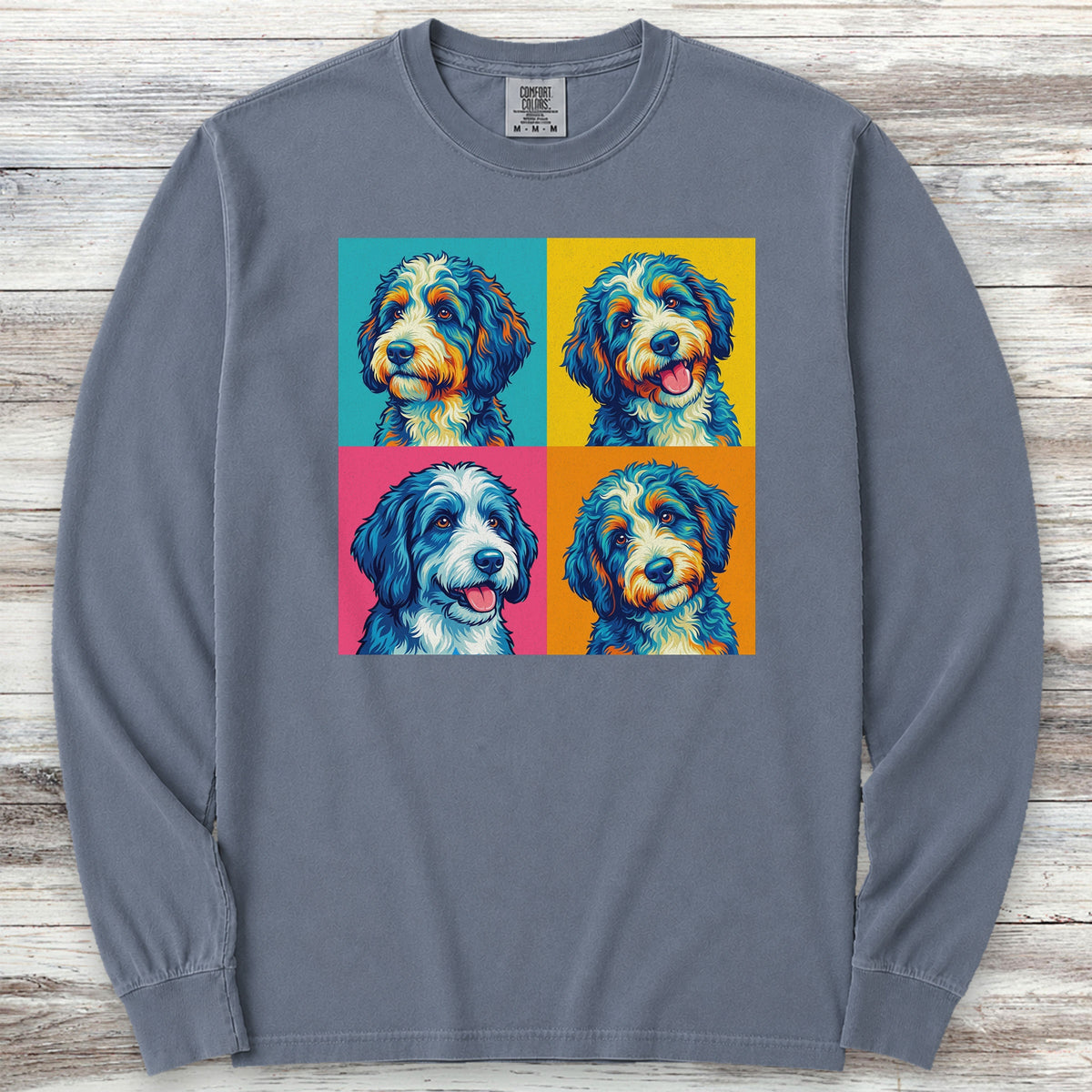 Bernedoodle Pop Art Long Sleeve Tee - Blue Jean