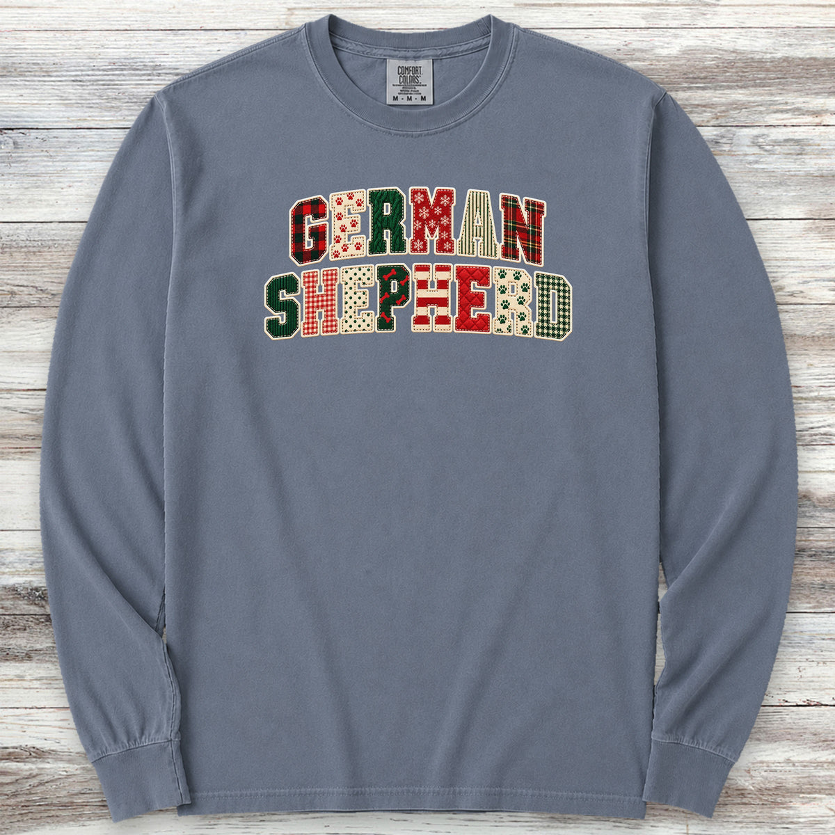 German Shepherd Holiday Faux Patchwork Long Sleeve Tee - Blue Jean