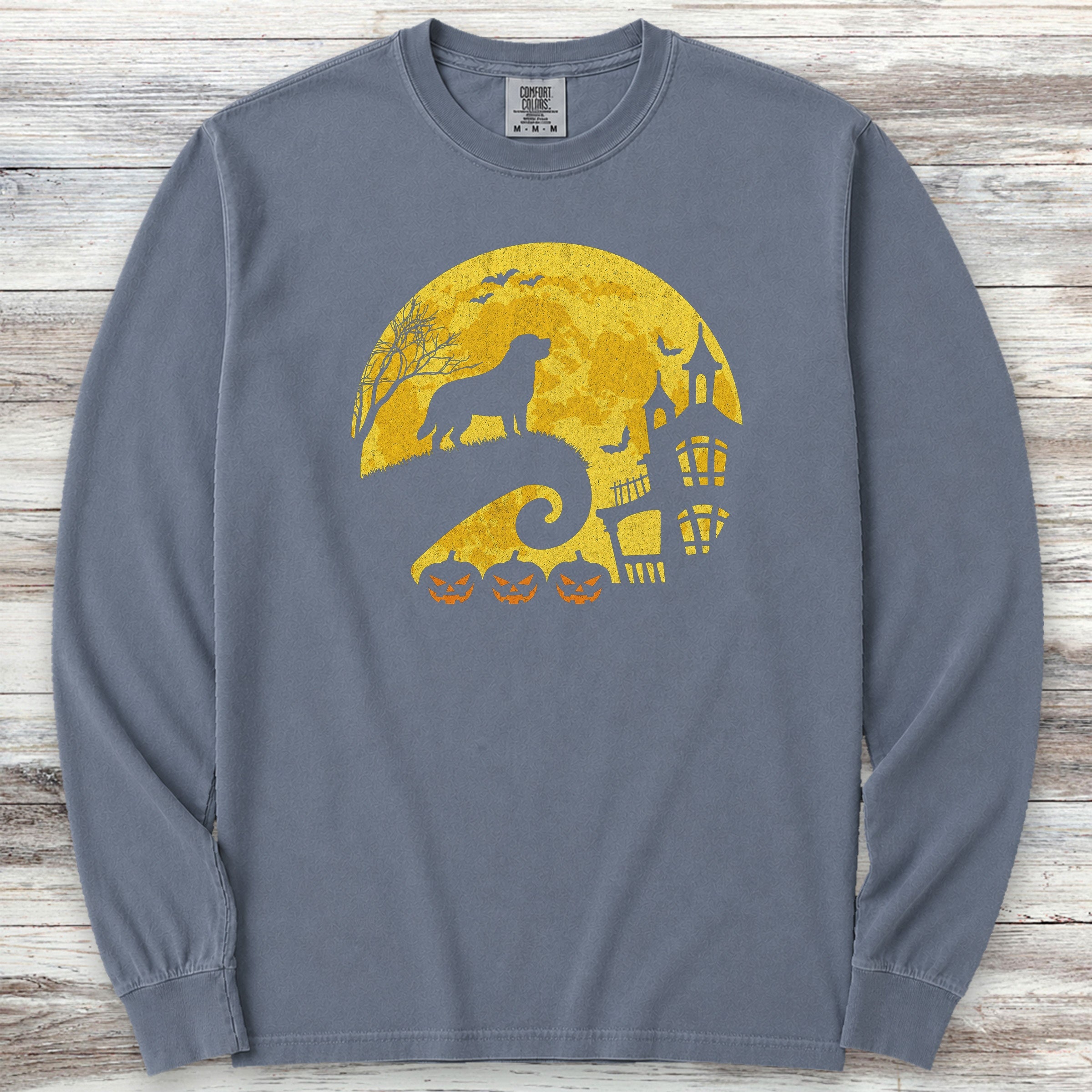 Swiss Mountain Dog Halloween Moon Long Sleeve Tee - Blue Jean