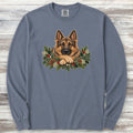 German Shepherd Sable Winter Greenery Faux Embroidery Long Sleeve Tee - Blue Jean