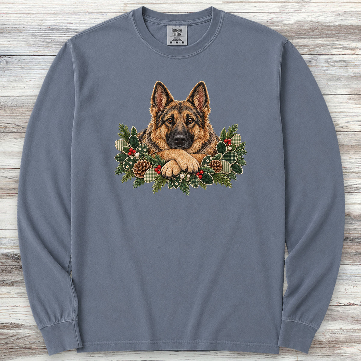 German Shepherd Sable Winter Greenery Faux Embroidery Long Sleeve Tee - Blue Jean