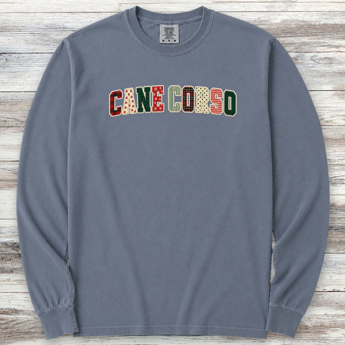 Cane Corso Holiday Faux Patchwork Long Sleeve Tee - Blue Jean