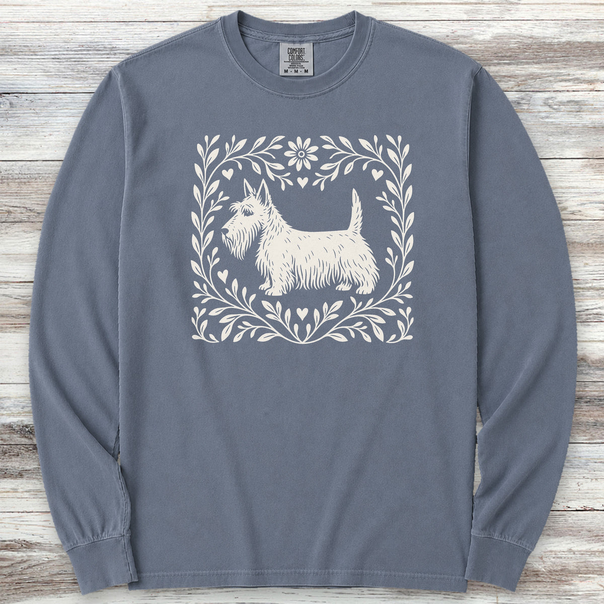 Scottish Terrier Linocut Long Sleeve Tee - Blue Jean