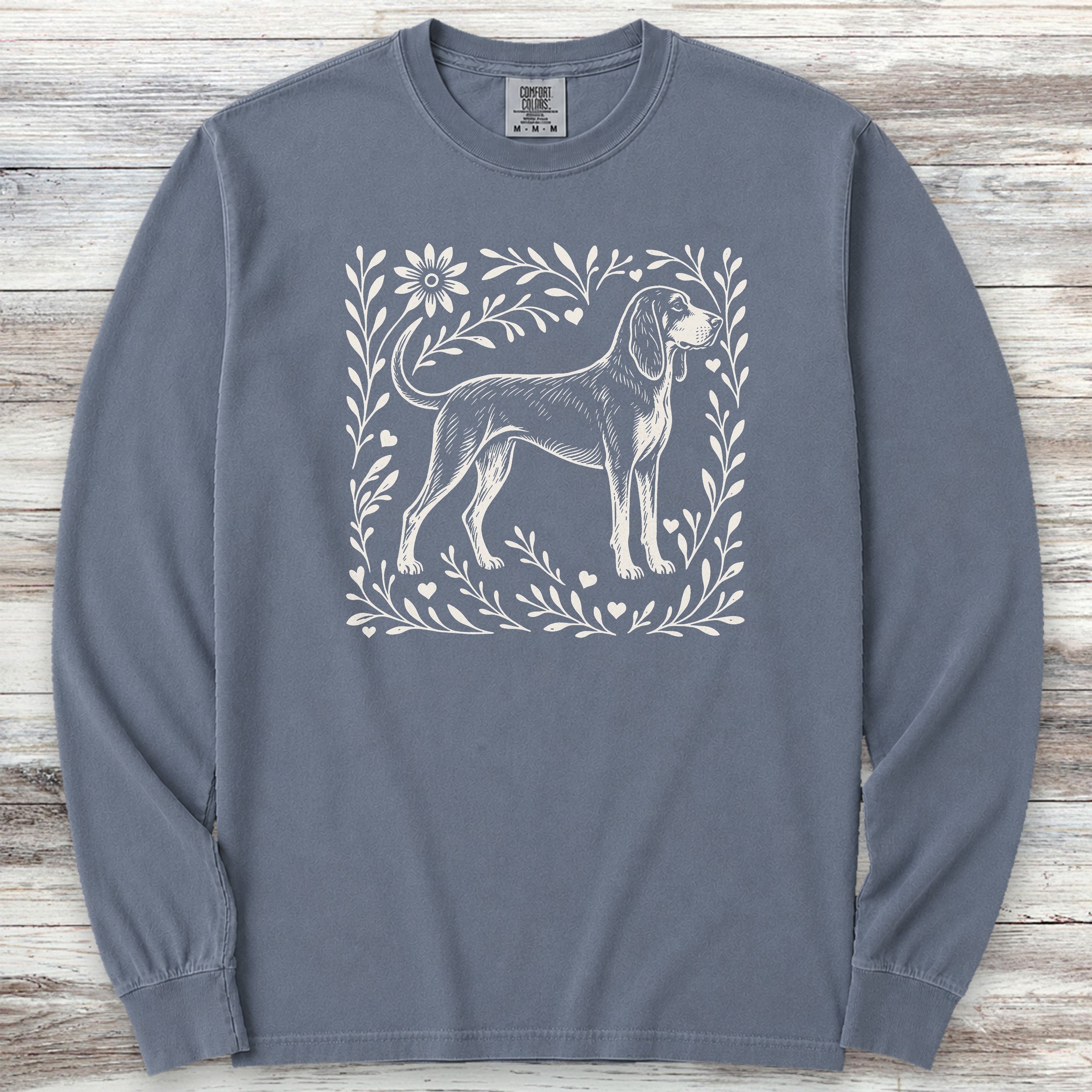 Coonhound Linocut Long Sleeve Tee - Blue Jean