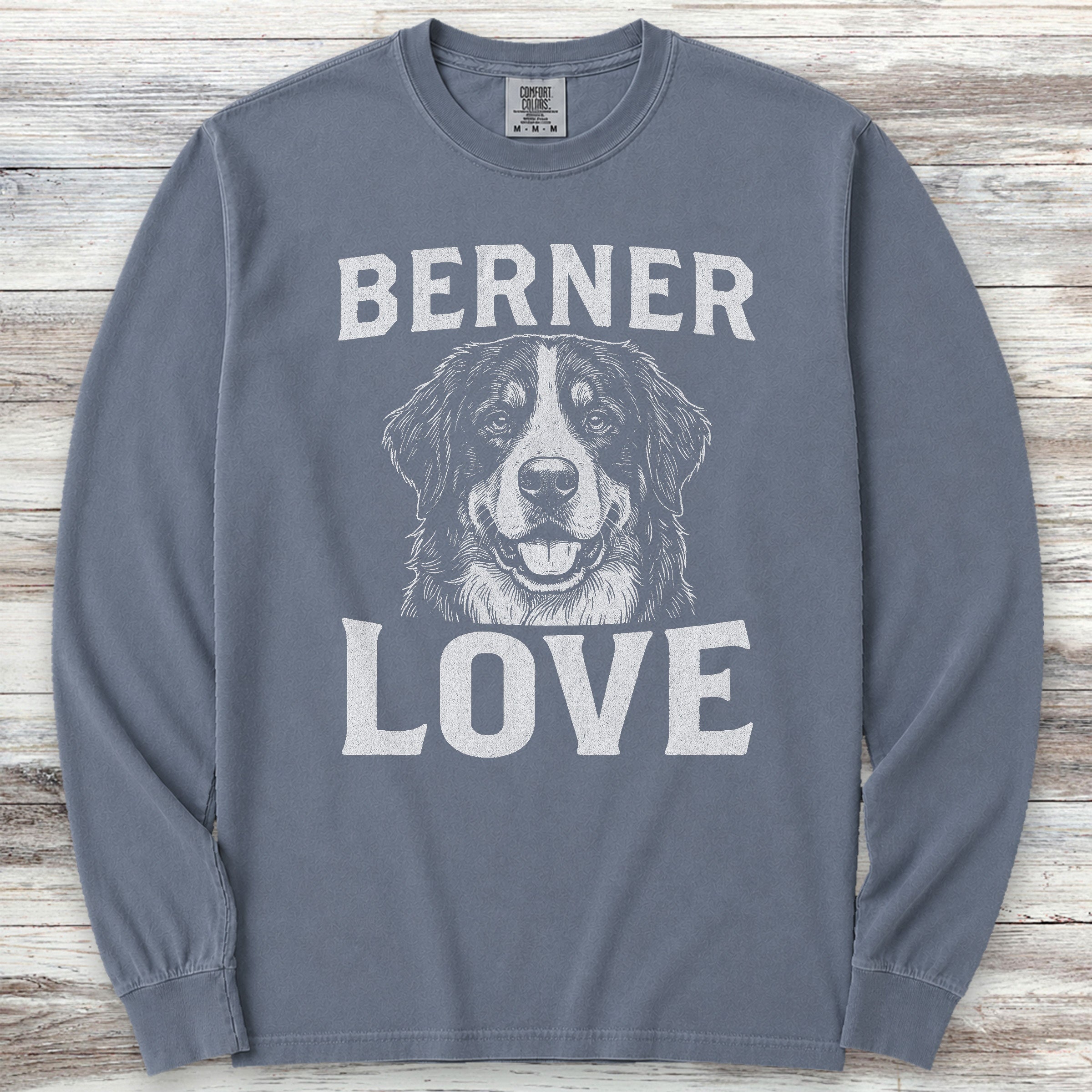 Bernese Mountain Dog Love Portrait Long Sleeve Tee - Blue Jean