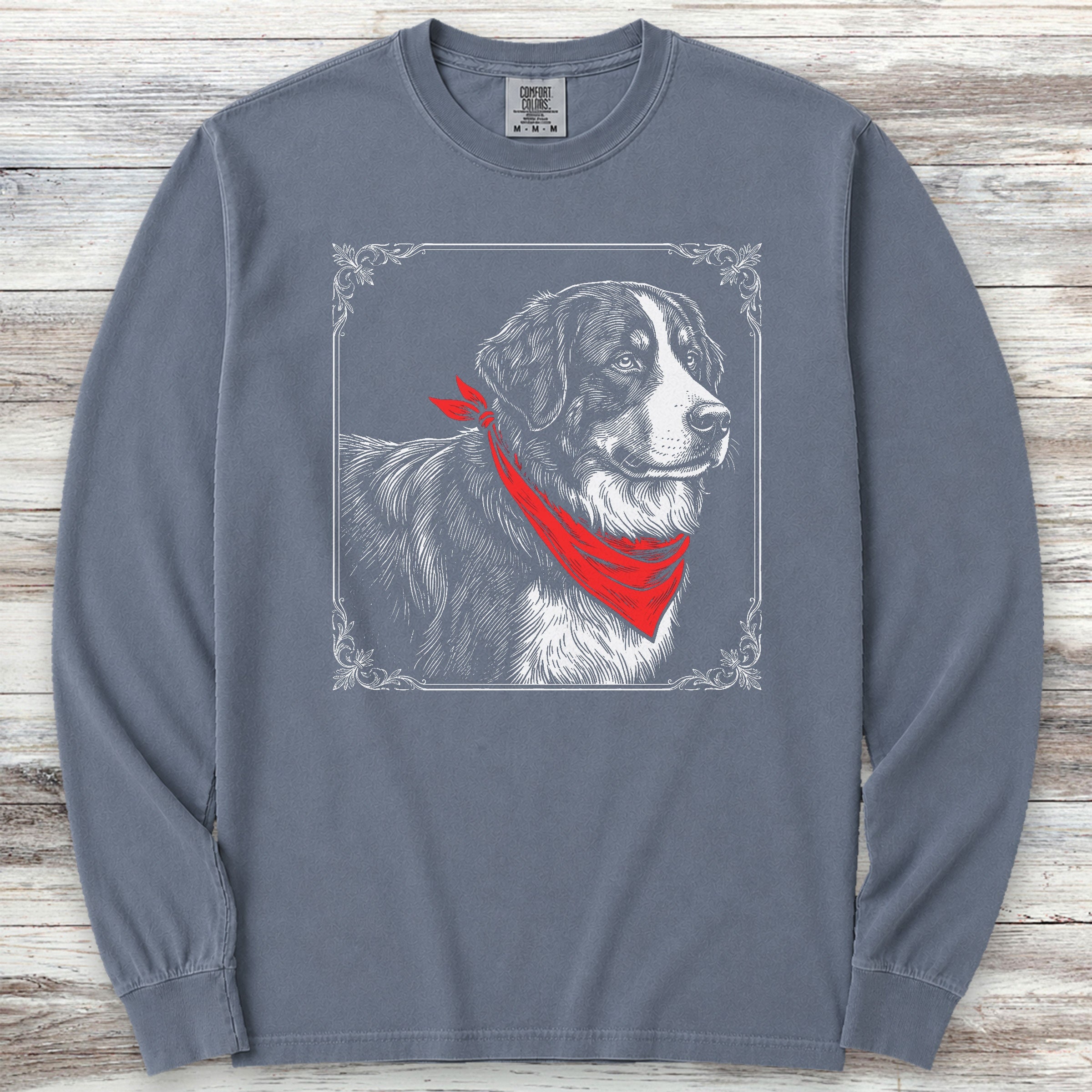 Bernese Mountain Dog Etching Long Sleeve Tee - Blue Jean