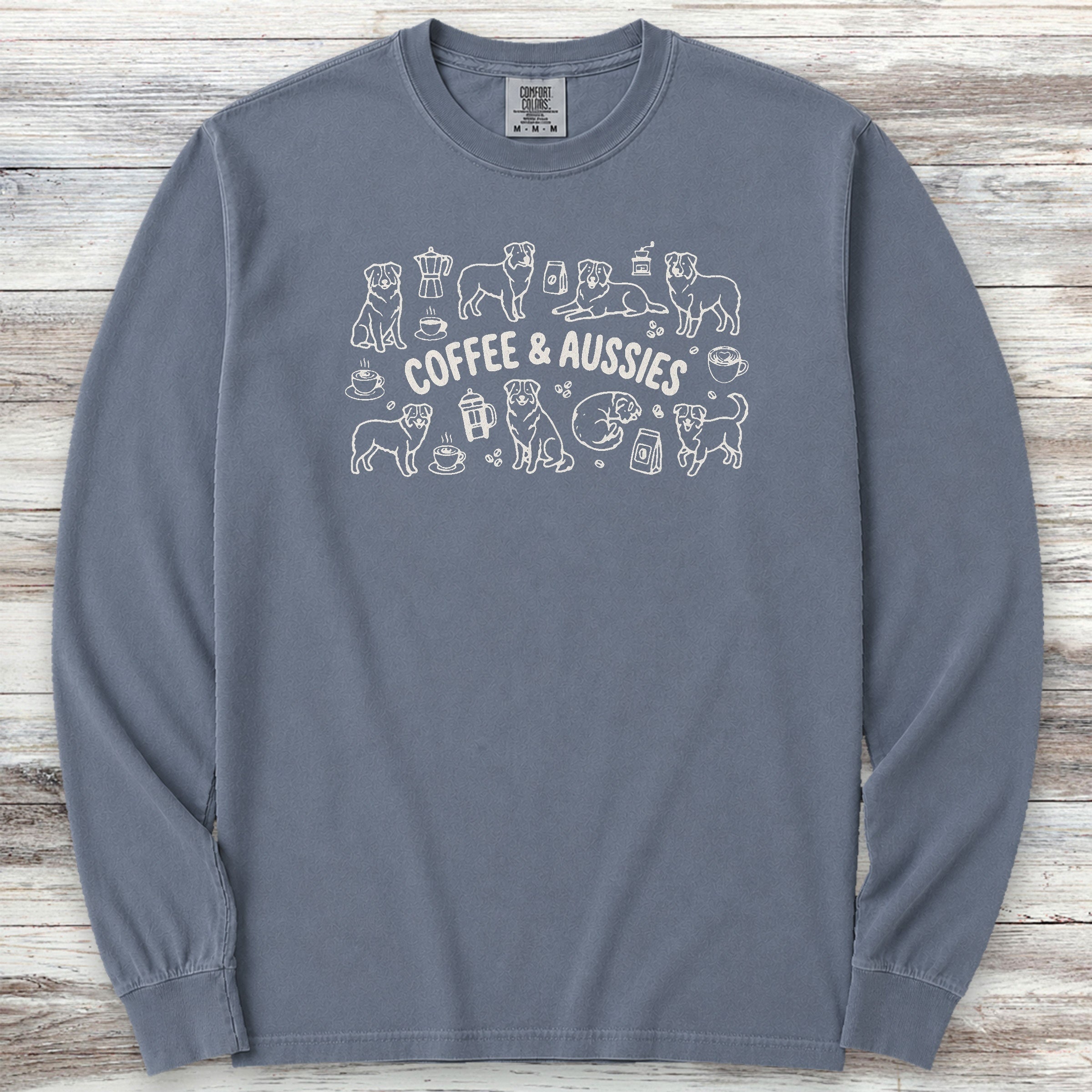 Australian Shepherd Coffee Doodles Long Sleeve Tee - Blue Jean