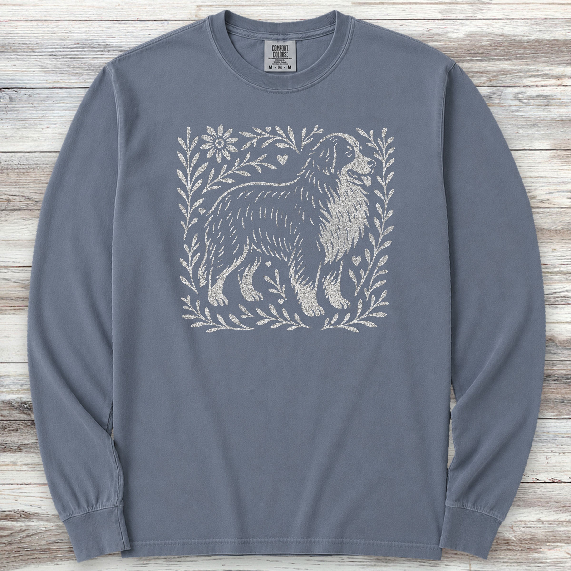 Bernese Mountain Dog Linocut Long Sleeve Tee - Blue Jean