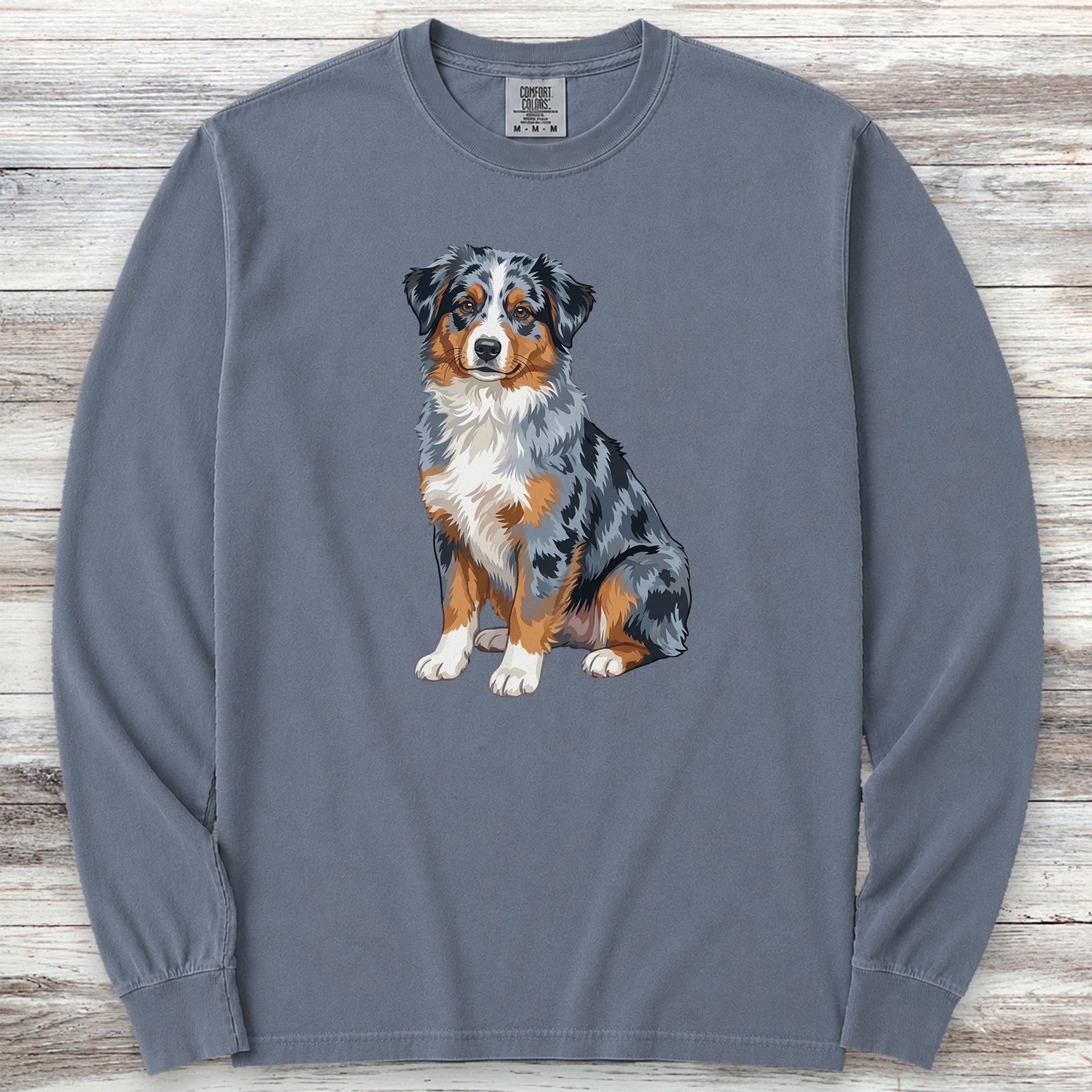 Australian Shepherd Merle Watercolor Long Sleeve Tee - Blue Jean