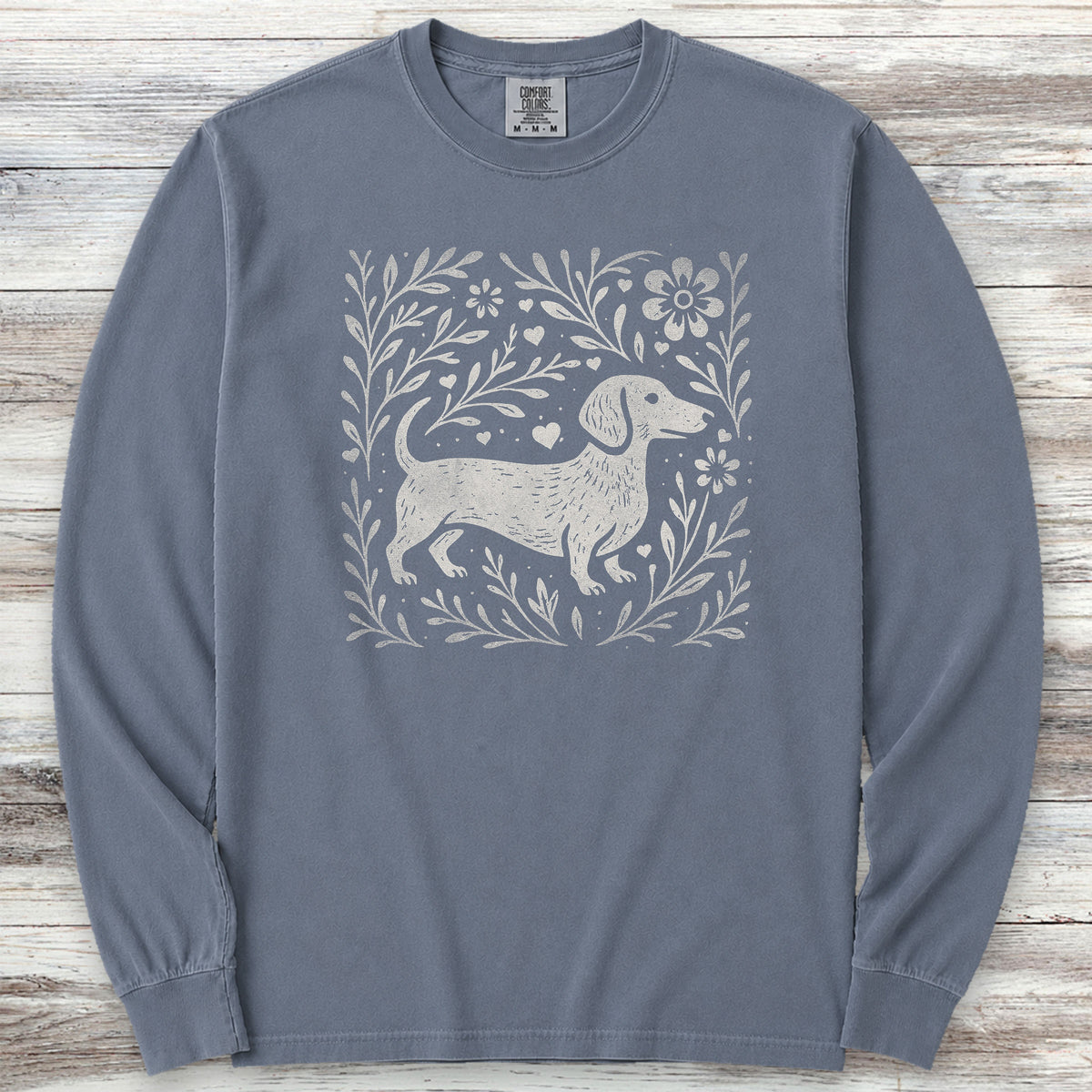 Dachshund Linocut Long Sleeve Tee - Blue Jean