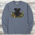 Schnauzer Black Winter Greenery Faux Embroidery Long Sleeve Tee - Blue Jean