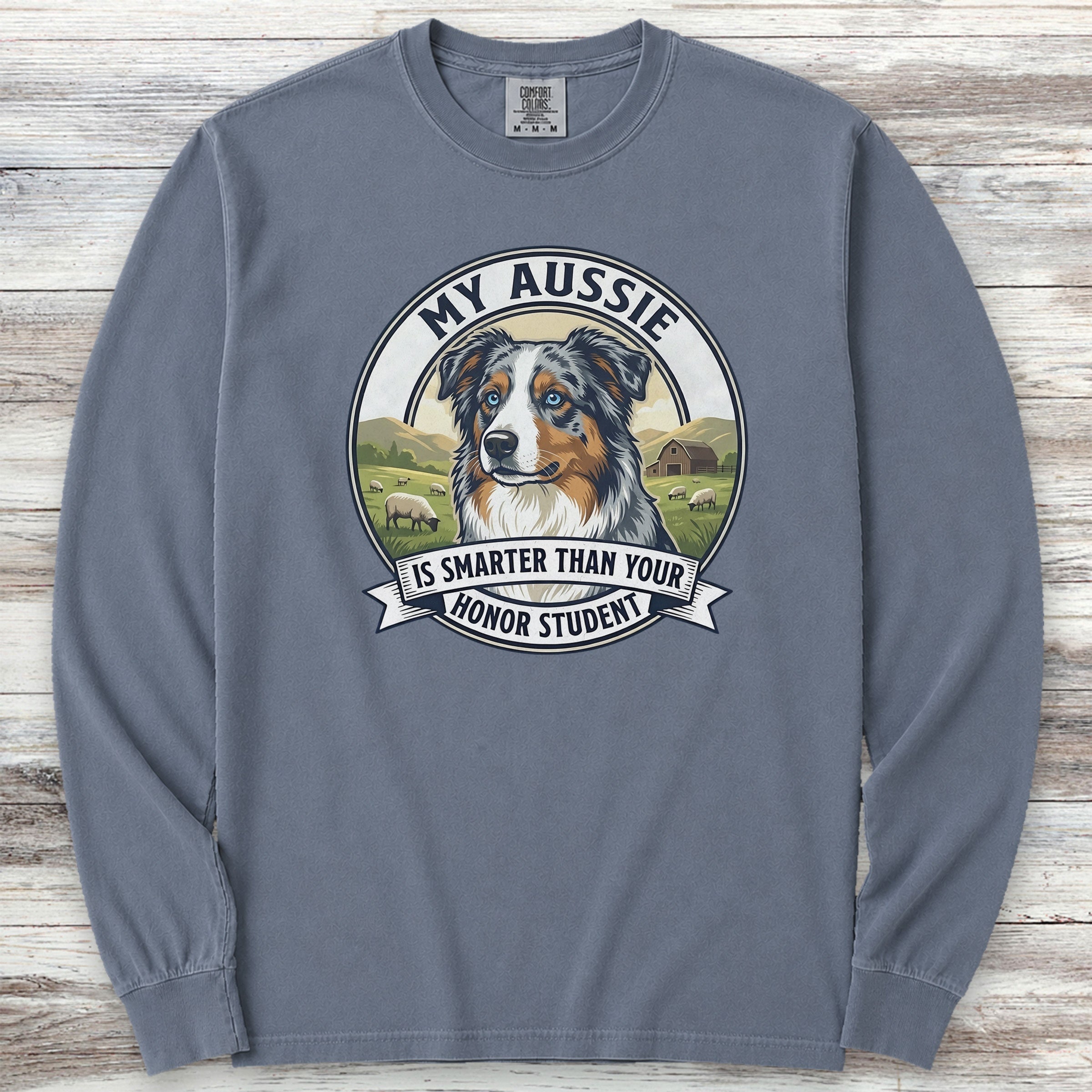 Australian Shepherd Aussie Smart Long Sleeve Tee - Blue Jean
