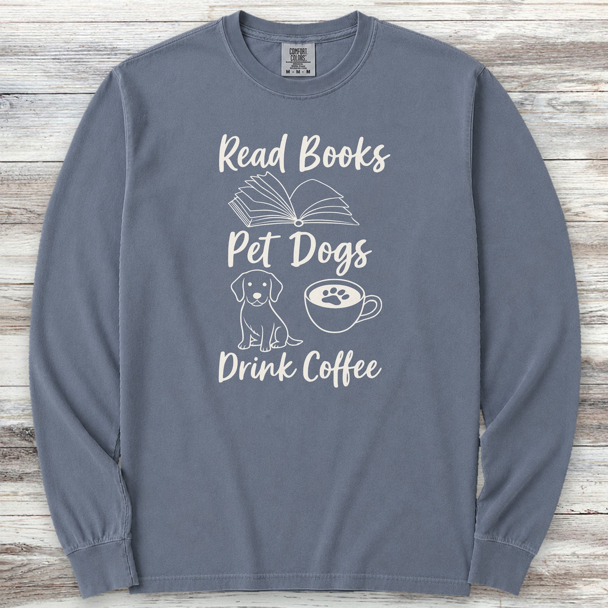 Books Dogs Coffee Long Sleeve Tee - Blue Jean