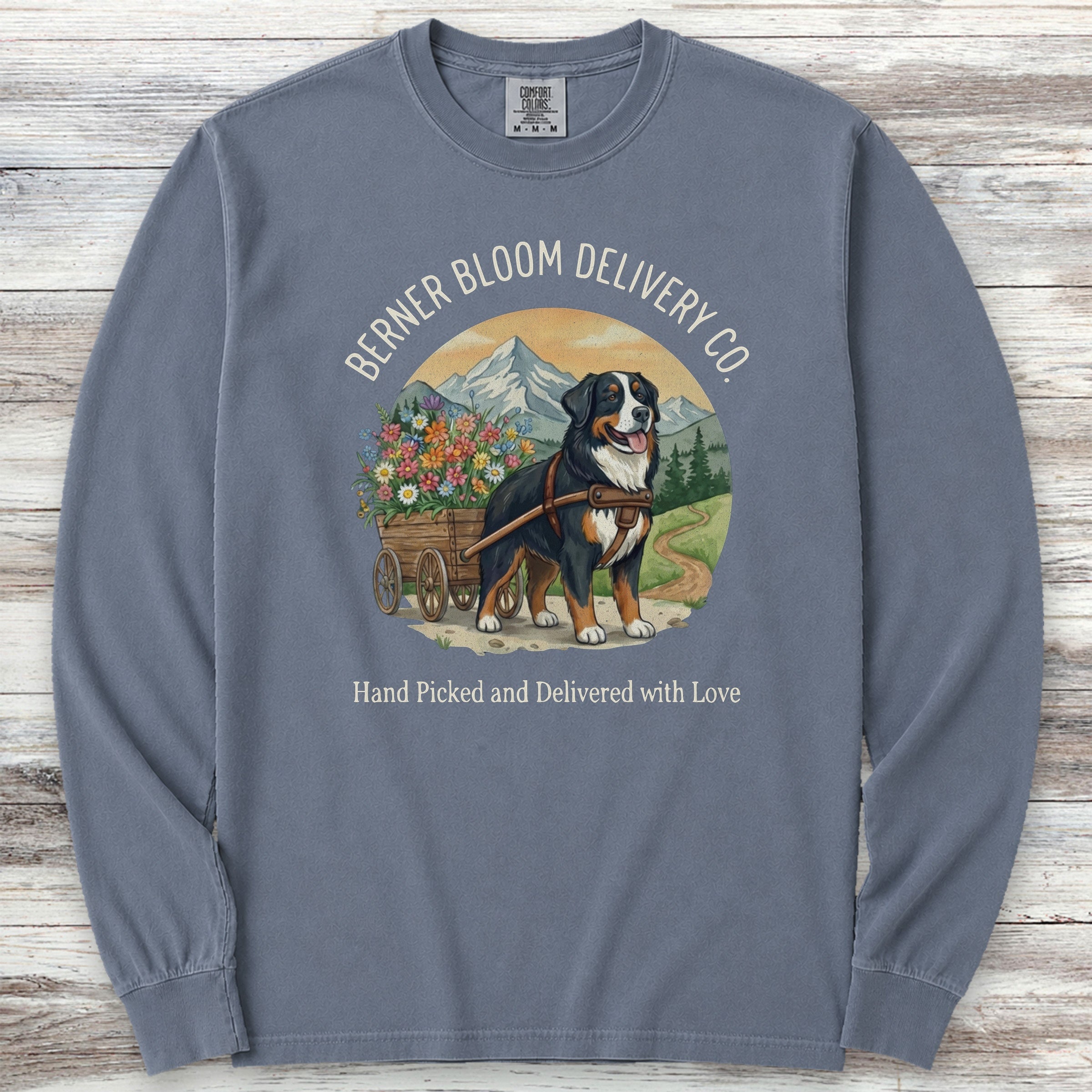 Bernese Mountain Dog Bloom Delivery Long Sleeve Tee - Blue Jean